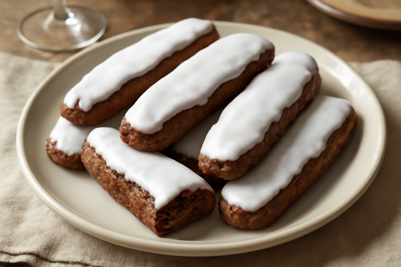 Pepatelli sulmonesi disposti su un piatto bianco, biscotti scuri ricoperti di glassa bianca, forma allungata, sfondo di legno chiaro con una tazza di caffè