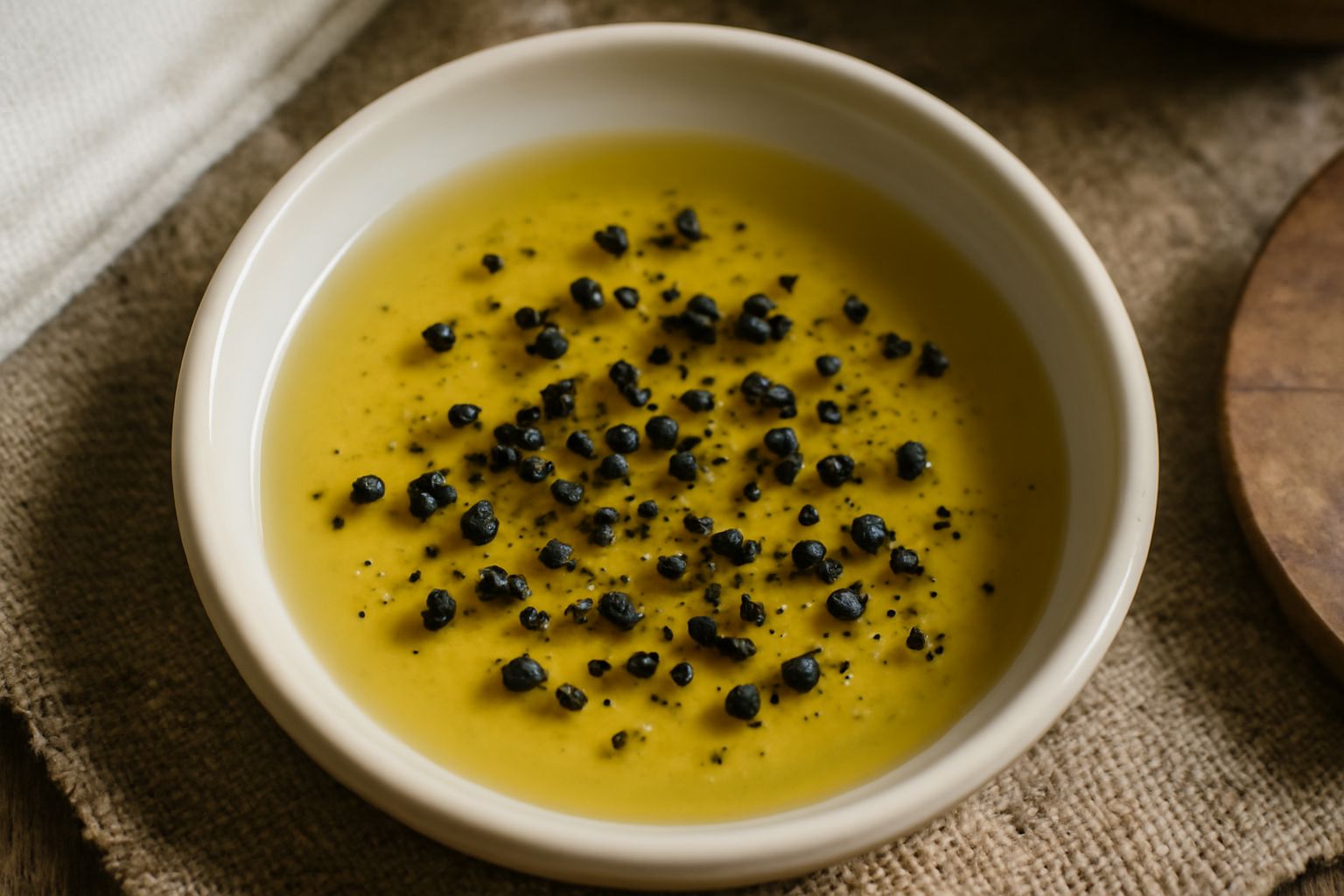 Olio extra vergine d'oliva dorato versato in un cucchiaio, accanto a grani di pepe nero interi su una superficie di marmo bianco, con fondo sfocato neutro