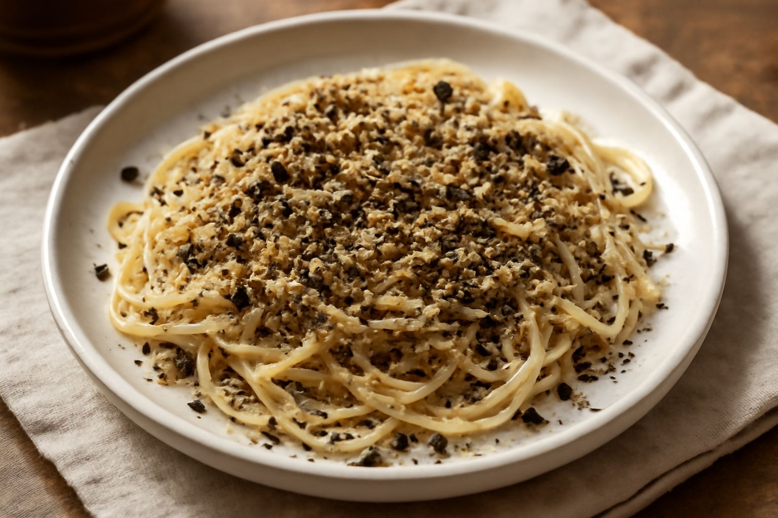 Una ciotola di ceramica bianca contiene una miscela di pepe nero macinato grossolanamente, cristalli di sale marino grigio e frammenti secchi di rosmarino, timo e origano, con un cucchiaio di legno di