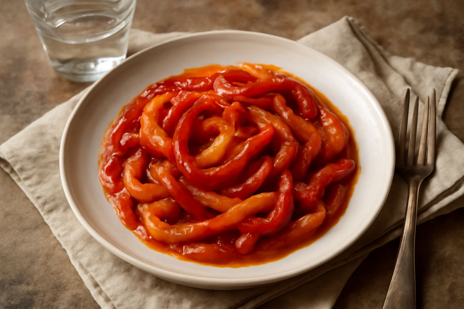 Peperoni rossi e gialli tagliati a strisce, stufati in un tegame di terracotta, con aglio e pomodoro appena colto, vapore caldo che sale dal piatto