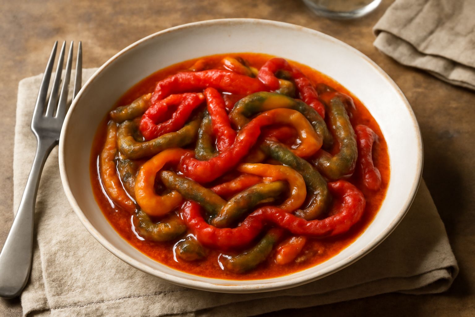 Peperata servita in piatto fondo bianco, peperoni rossi e gialli tagliati in strisce spesse e morbide, sugo rosso di pomodoro, filo di olio verde oliva, prezzemolo fresco tritato, contorno di pane tos