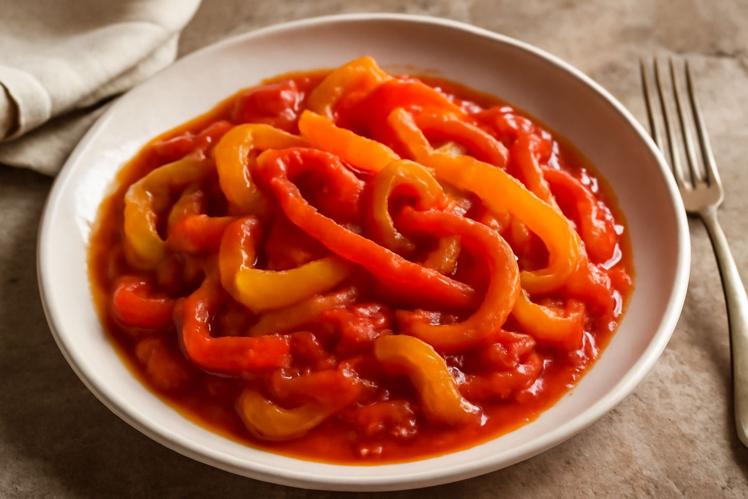 Peperonata in ciotola di ceramica bianca: peperoni rossi, gialli e arancioni in strisce morbide immerse in salsa rossa di pomodoro lucida, cipolla trasparente, foglia di prezzemolo fresco in cima, tav