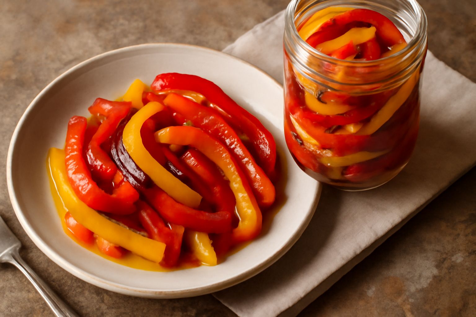 Vasetto di peperonata sottaceto con strisce rosse, gialle e arancioni di peperoni ben visibili in primo piano, bordo di vetro trasparente, peperoni freschi sfocati sullo sfondo della cucina