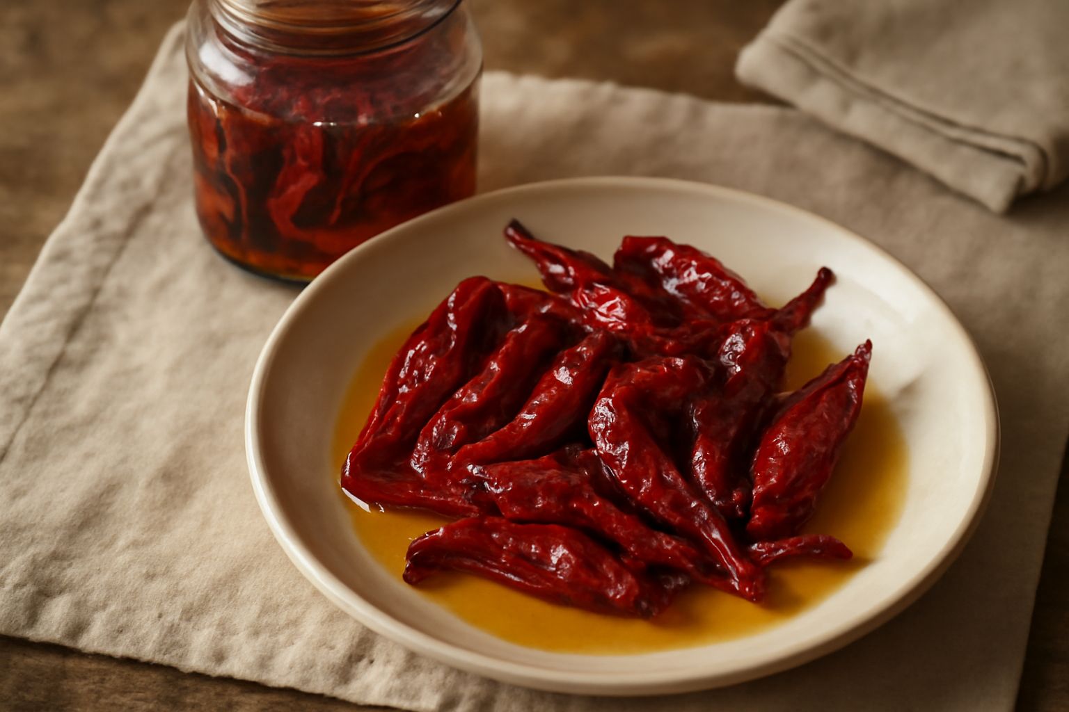 Barattolo di vetro con peperoncini cruschi di colore rosso scuro e rugoso immersi in olio trasparente, con aglio e erbe aromatiche sparse intorno