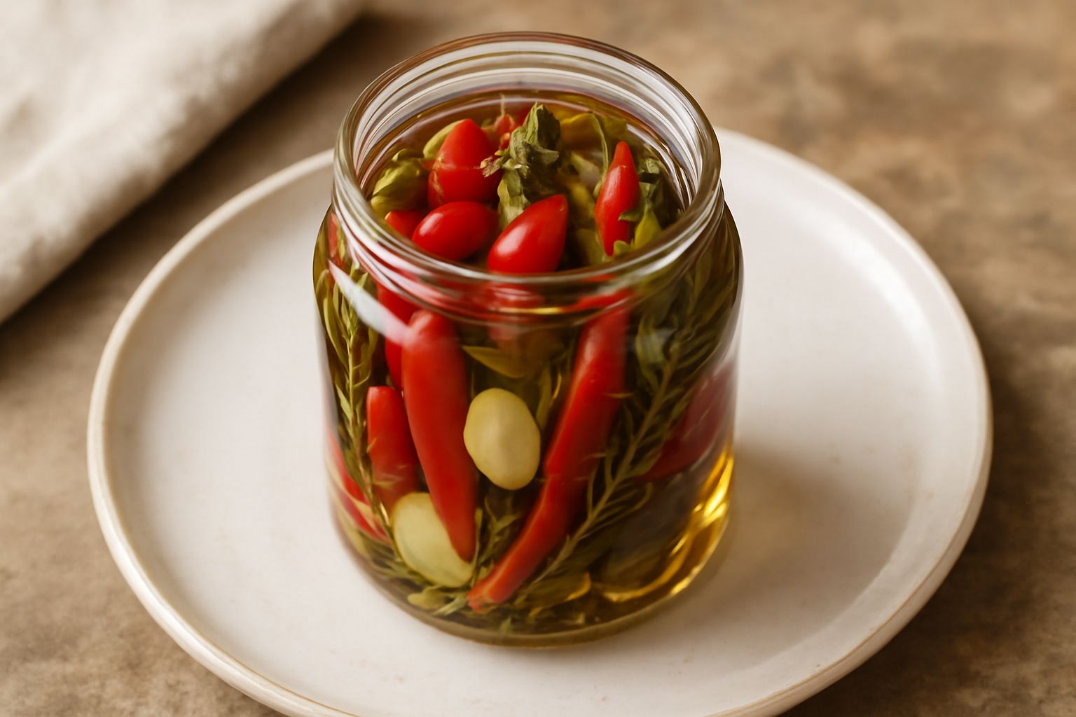 Vasetto di vetro trasparente con peperoncini rossi e verdi interi immersi in olio extra vergine dorato, aglio affettato e rametti di rosmarino visibili, olio che ricopre completamente il contenuto, sf