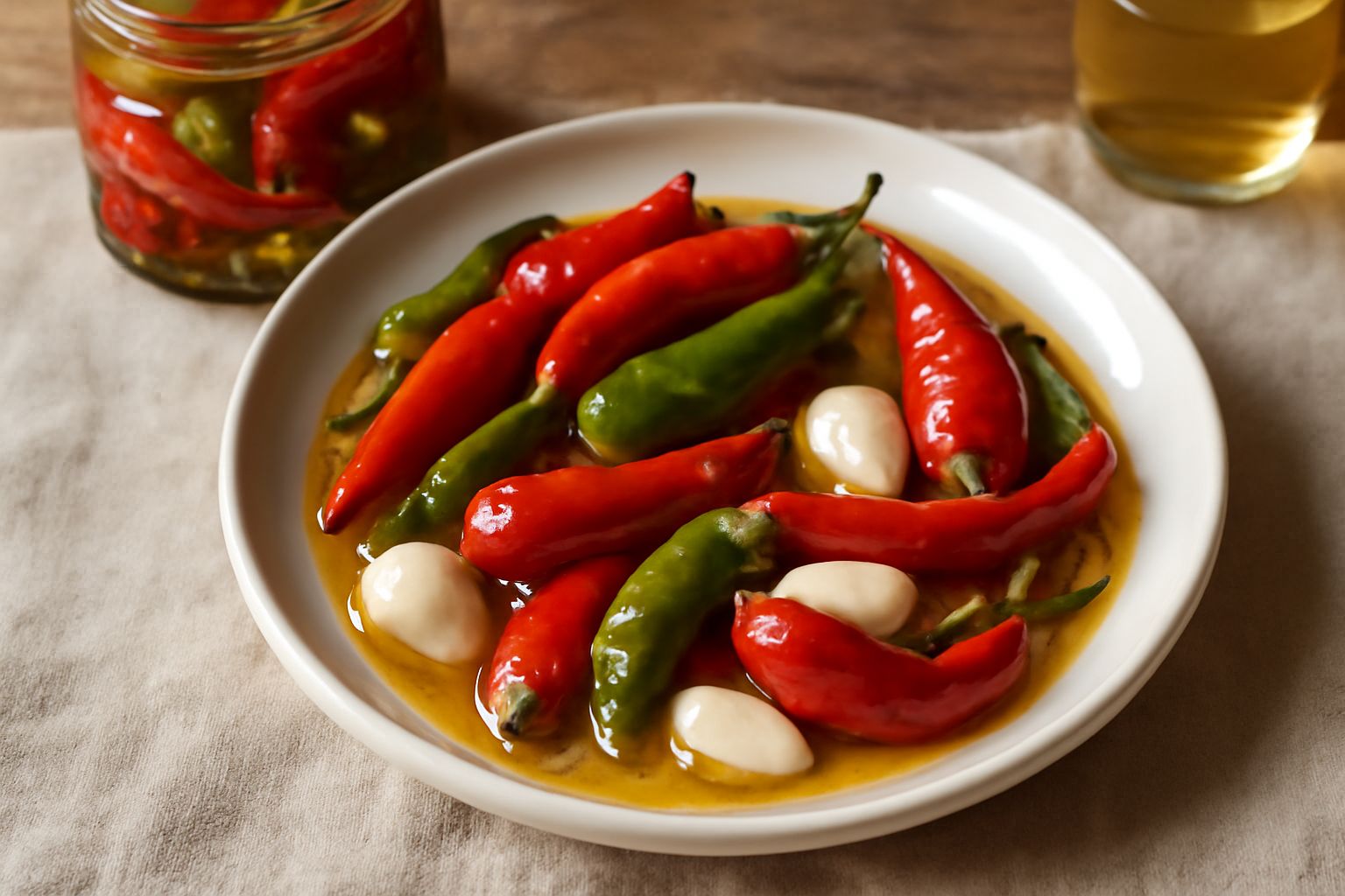 Vaso di vetro con peperoncini rossi e verdi interi in conserva, immersi in olio trasparente, accanto a spicchi d'aglio bianco e foglie di prezzemolo fresco su un piano di marmo