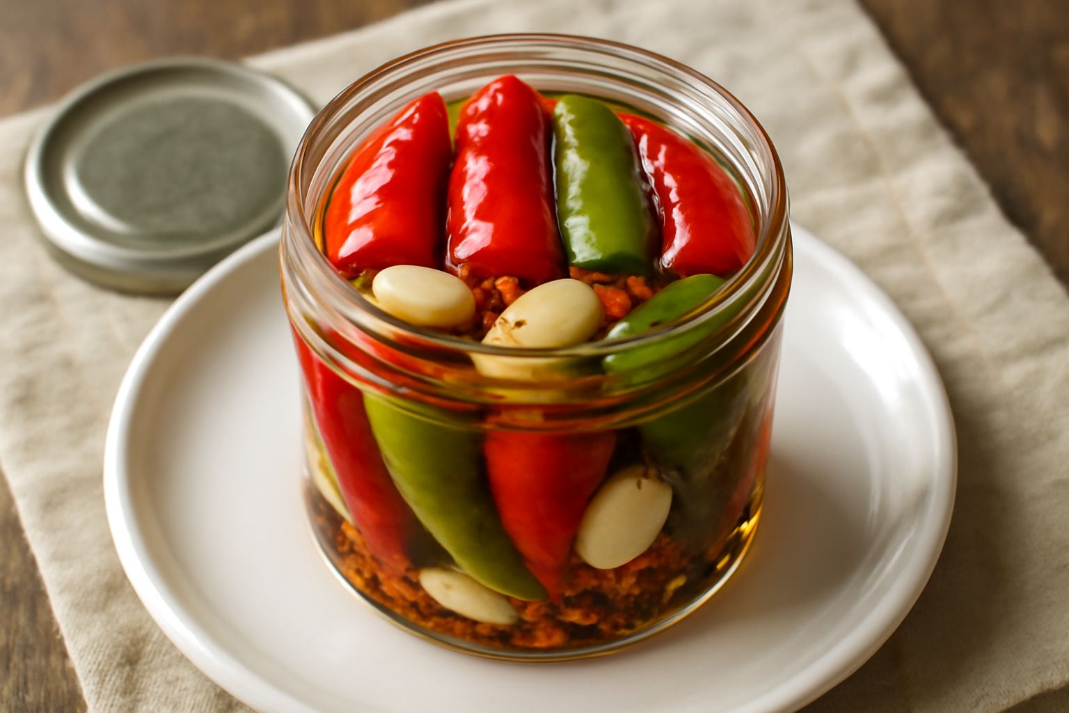 Vasetto di vetro trasparente con peperoncini rossi e verdi interi sott'olio, aglio sbucciato e foglie di origano visibili, su sfondo bianco