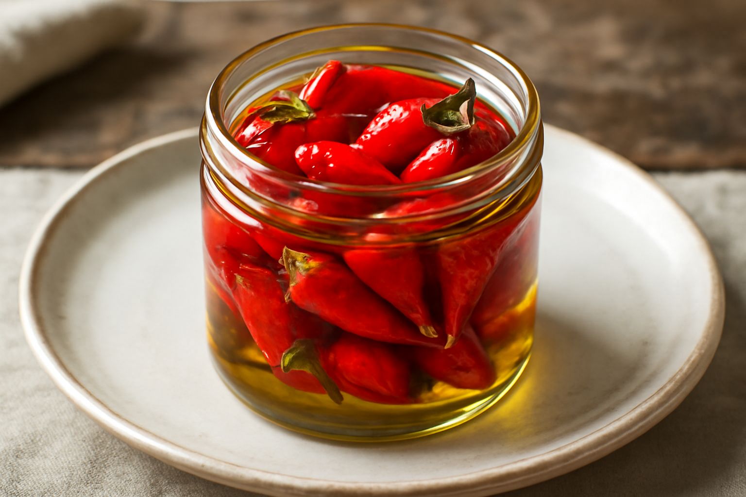 Barattolo di vetro trasparente con peperoncini rossi interi immersi in olio extravergine, semi di sesamo e aglio in fette visibili, sfondo bianco luminoso