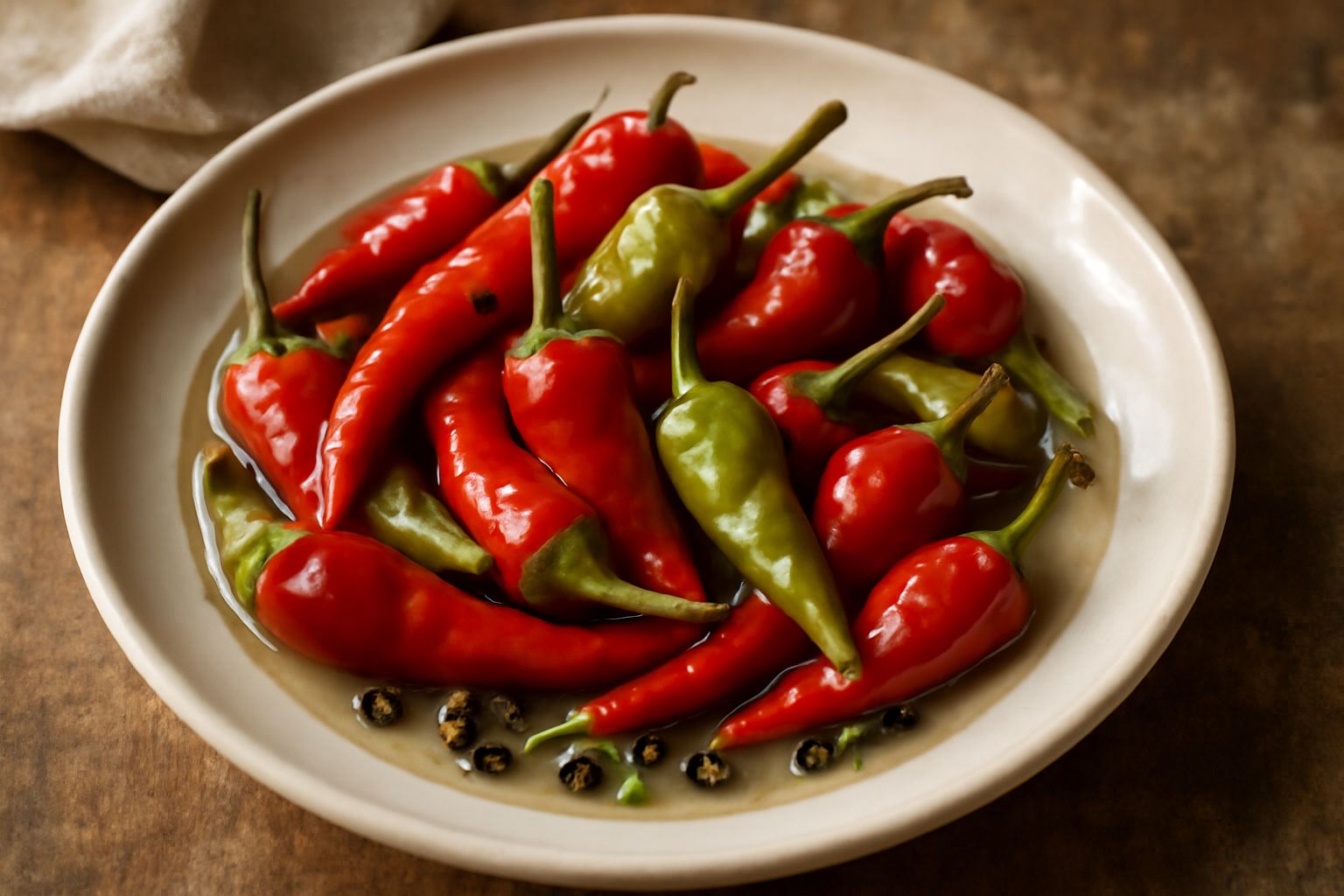 Vasetto di vetro trasparente con peperoncini rossi e verdi sottaceti, aceto trasparente, grani di pepe neri, foglie di alloro visibili sullo sfondo bianco