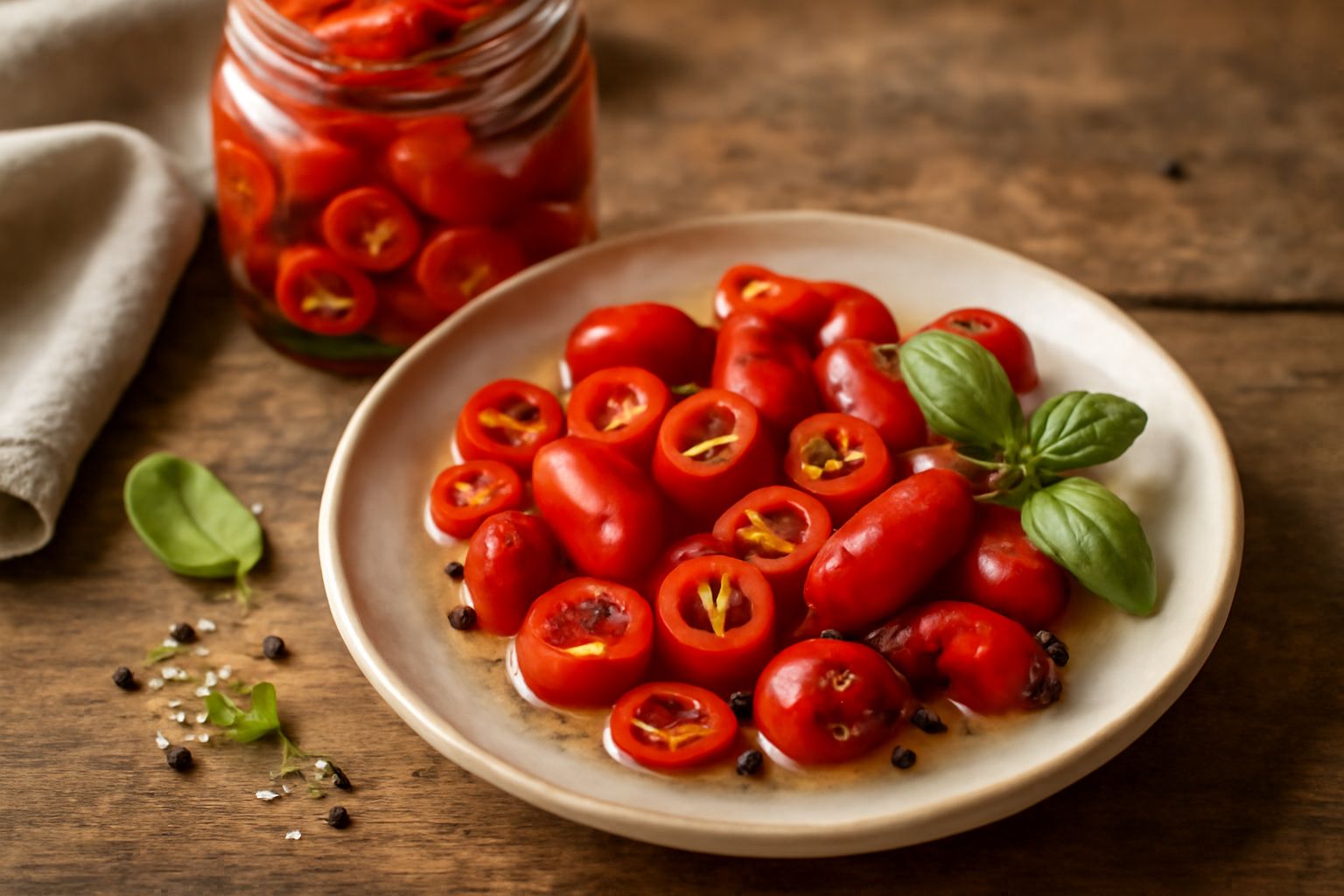 Barattolo di vetro con peperoncini rossi interi sott'aceto, sommersi in liquido trasparente, erbe aromatiche visibili, etichetta artigianale su fondo bianco