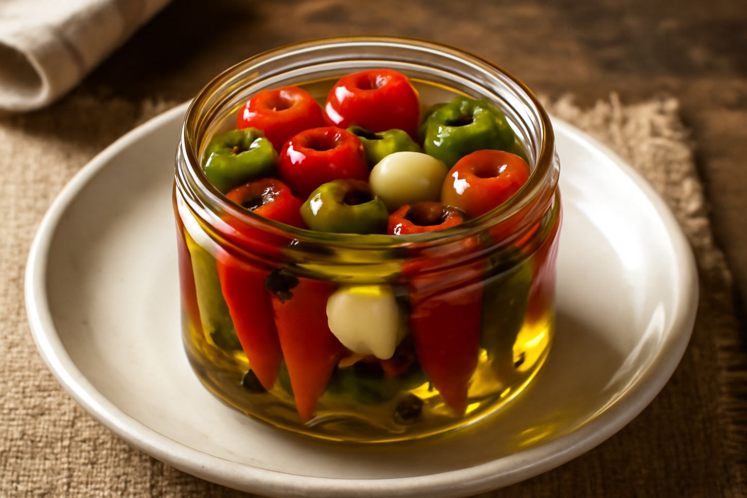 Vasetto di vetro trasparente con peperoncini rossi e verdi interi immersi in olio dorato, aglio sbucciato e foglie di prezzemolo fresco visibili tra i peperoncini