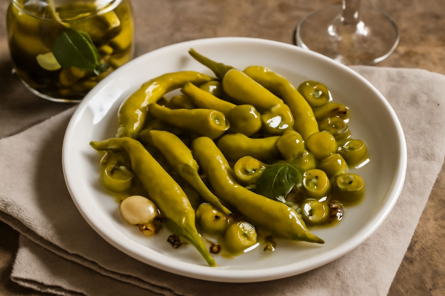 Vasetto di vetro con peperoncini verdi interi in aceto trasparente, aglio spicchi e grani di pepe nero visibili, su tavolo di legno chiaro con luce naturale