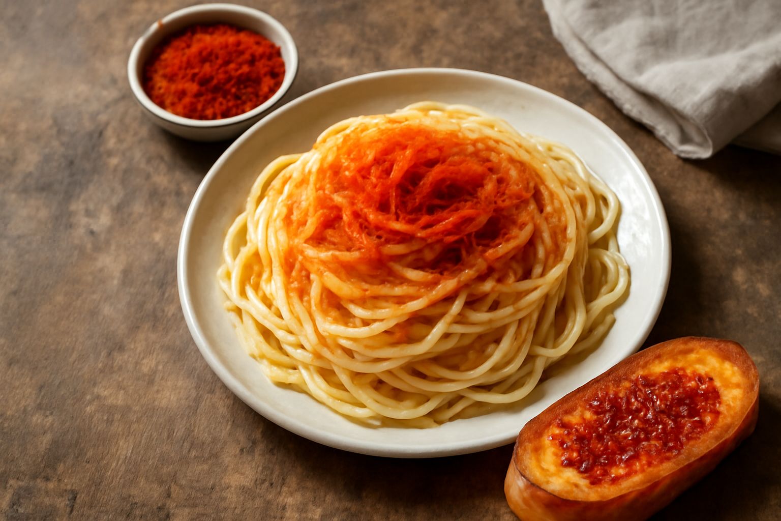 Cucchiaio di legno con peperoncino rosso macinato in polvere fine su piano di marmo, accanto a peperoncini rossi freschi interi, illuminati da luce naturale