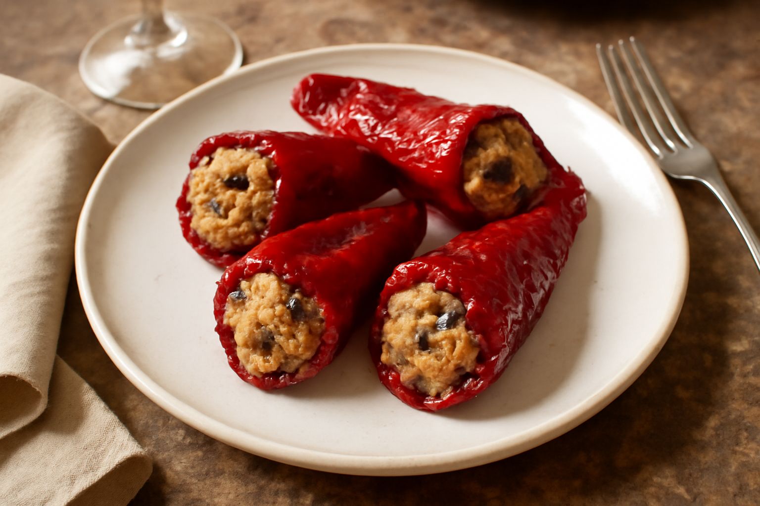 Peperoni rossi cruschi ripieni adagiati in un piatto bianco, pieni di farcitura di pane e acciughe, con olive nere visibili nella farcitura, olio d'oliva che brilla in superficie