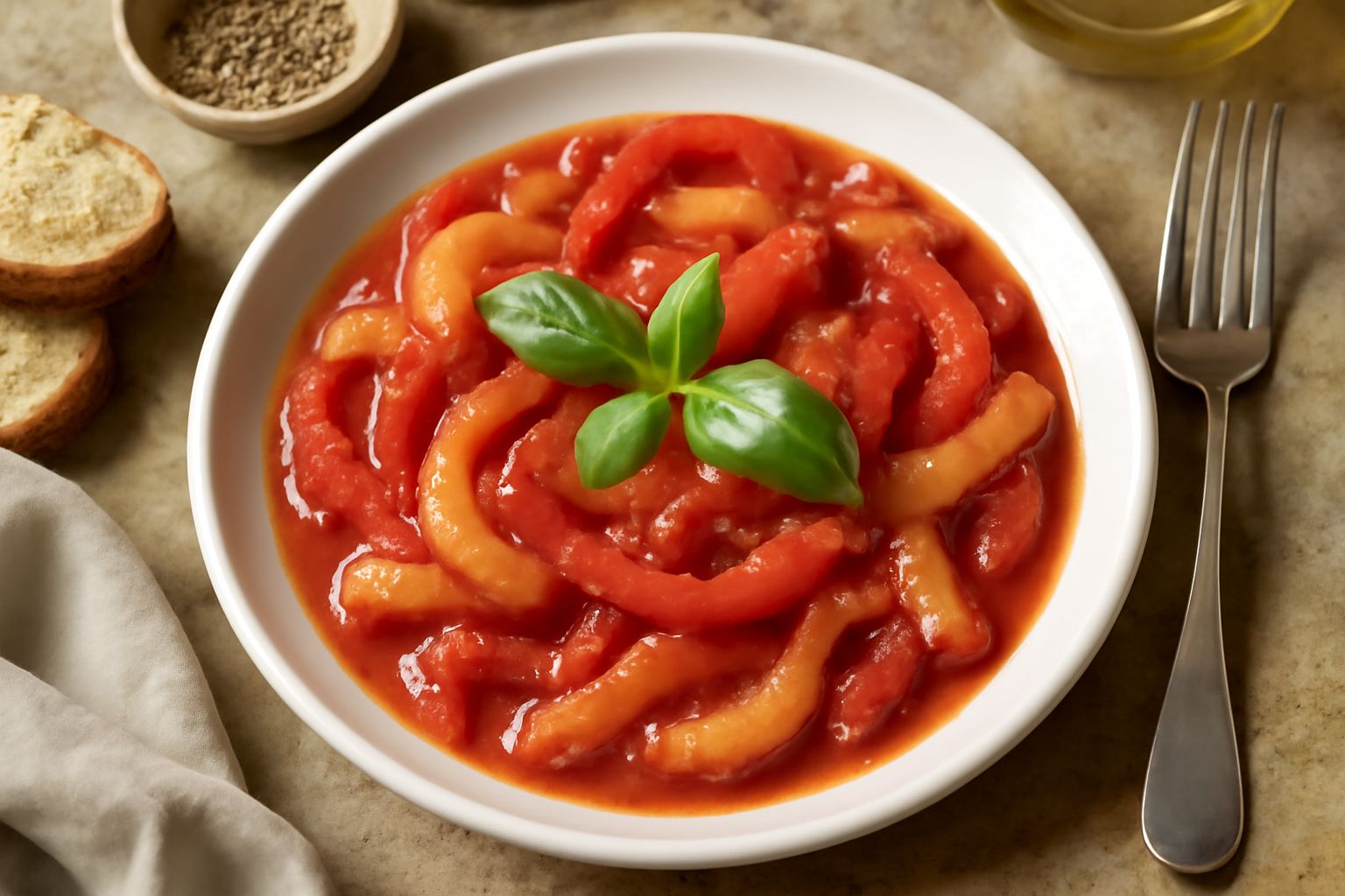Peperoni rossi e gialli tagliati a strisce, morbidi in salsa di pomodoro rossa con aglio e basilico fresco verde, impiattati in una ciotola bianca
