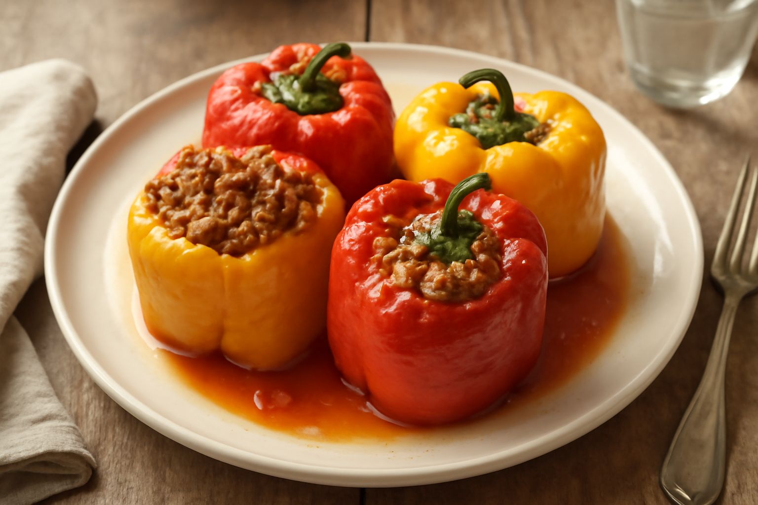 Tre peperoni rossi ripieni disposti in una teglia da forno, pieni di riso bianco e macinato di carne, ricoperti di pomodoro fresco, vapore caldo che sale dalla teglia