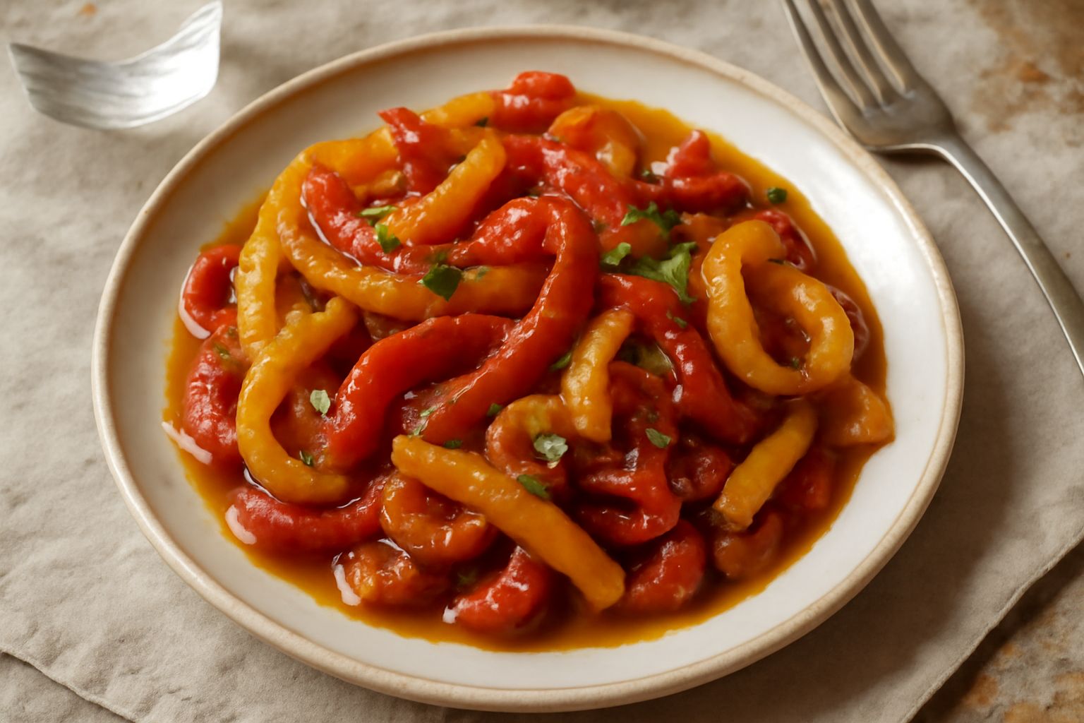 Peperoni rossi, gialli e verdi tagliati in strisce larghe, ammorbiditi in una padella scura con olio lucido e aglio dorato