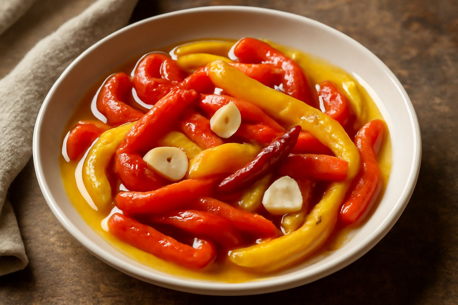 Vasetto di vetro con peperoni rossi e gialli tagliati a strisce coperte di olio trasparente, con aglio e peperoncino in evidenza, su sfondo di marmo grigio