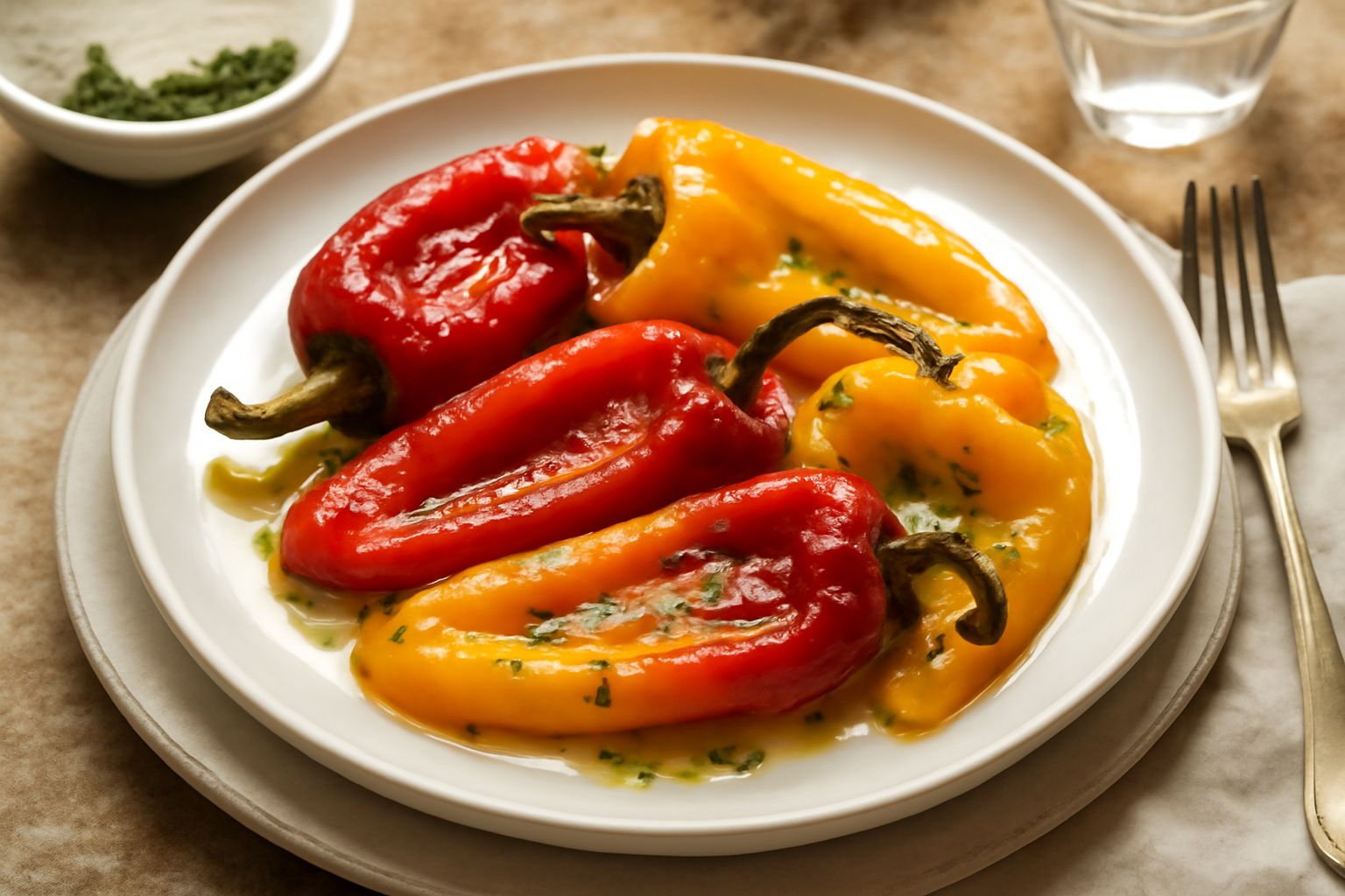 Peperoni rossi, gialli e arancioni al forno, morbidi e lucidi d'olio, disposti in una pirofila di ceramica bianca, con pelle leggermente arrossata dai bordi, guarniti di prezzemolo fresco verde