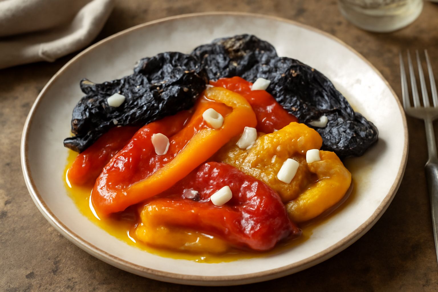 Quattro peperoni rossi, gialli e arancioni appena tolti dalla brace, con la pelle annerita e ancora fumanti, disposti su un piatto bianco con gocce di olio d'oliva e fettine d'aglio fresco