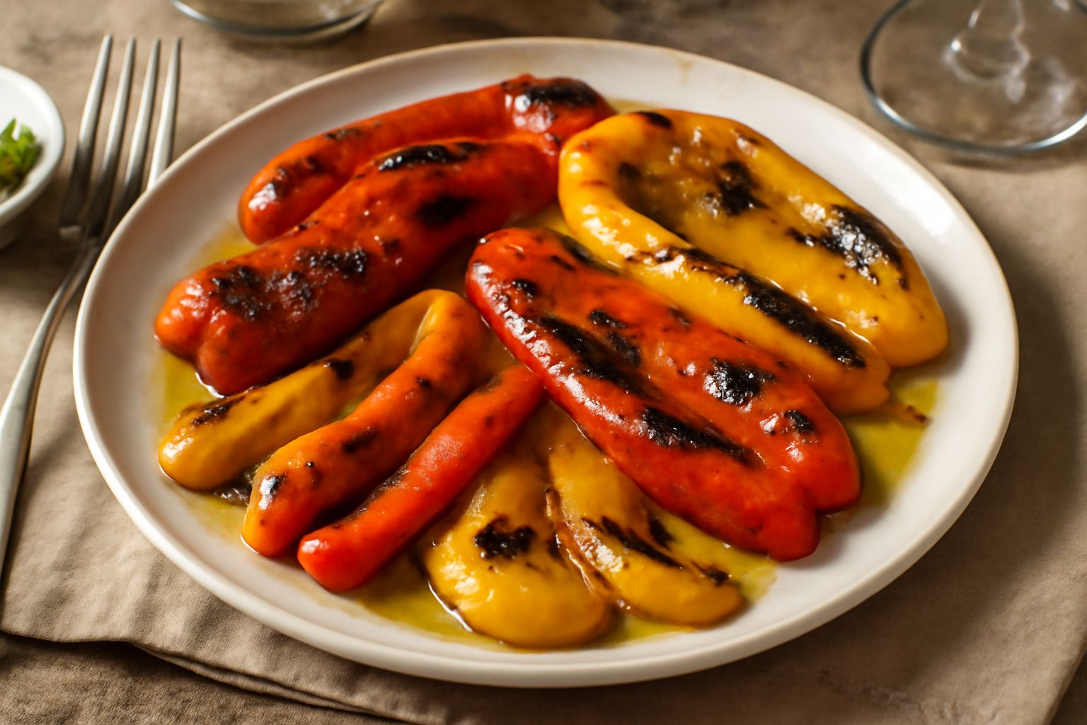 Piatto con peperoni rossi e gialli alla griglia, morbidi e lucidi di olio, spolverate di prezzemolo tritato, disposte a ventaglio con due spicchi d'aglio fresco sul bordo