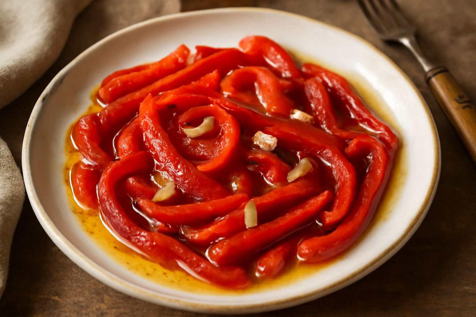Peperoni rossi tagliati a strisce lunghe, morbidi e lucidi di olio, in un piatto bianco con aglio e acciughe disciolte, contorno rustico piemontese
