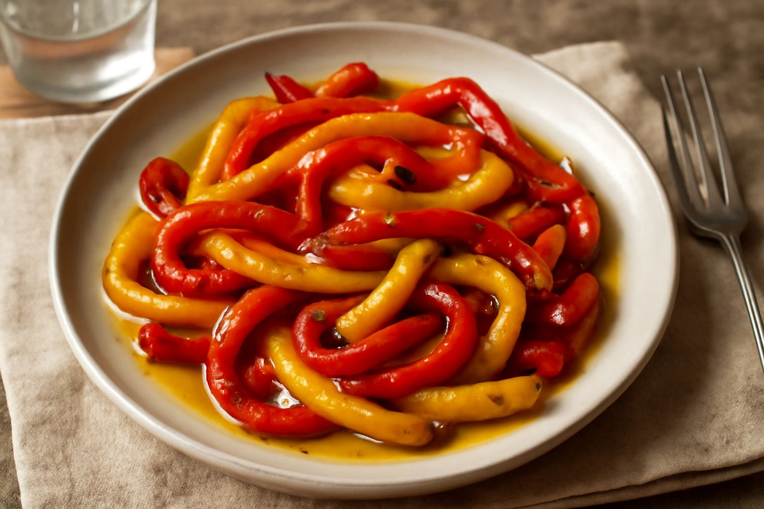 Peperoni rossi e gialli arrostiti tagliati a strisce sottili, disposti nel piatto con olio lucido e spicchi d'aglio, con bordi lievemente anneriti