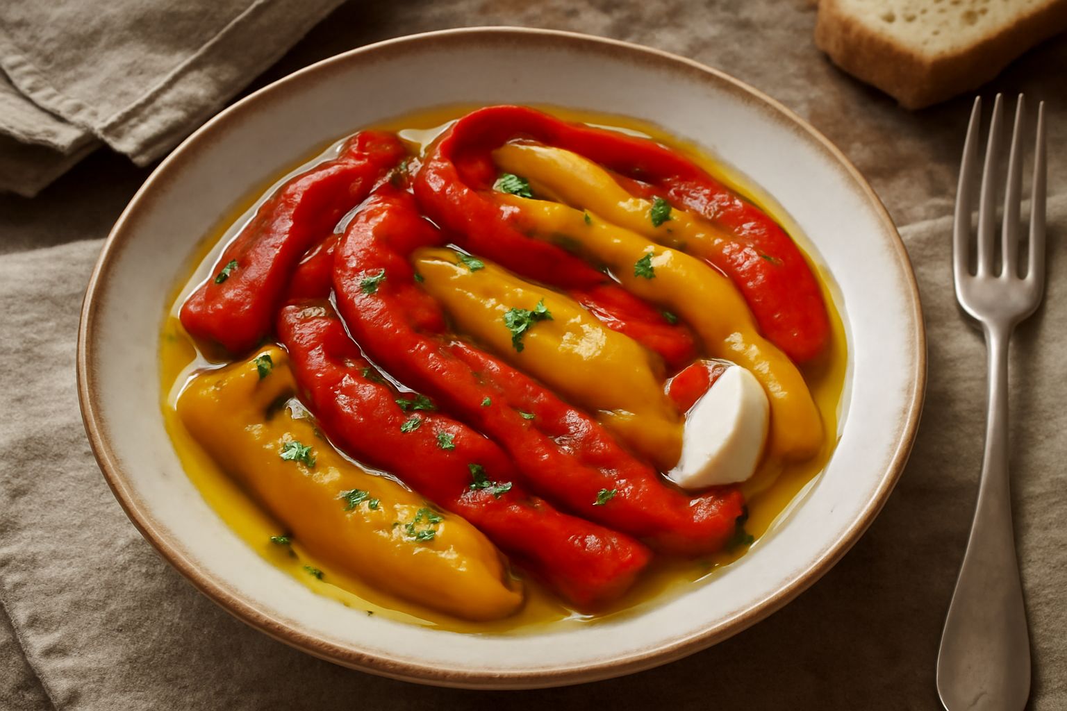 Peperoni rossi, gialli e arancioni arrostiti, privati della pelle, tagliati a strisce larghe dentro barattolo di vetro con olio extravergine di oliva trasparente, aglio e basilico fresco visibili in s