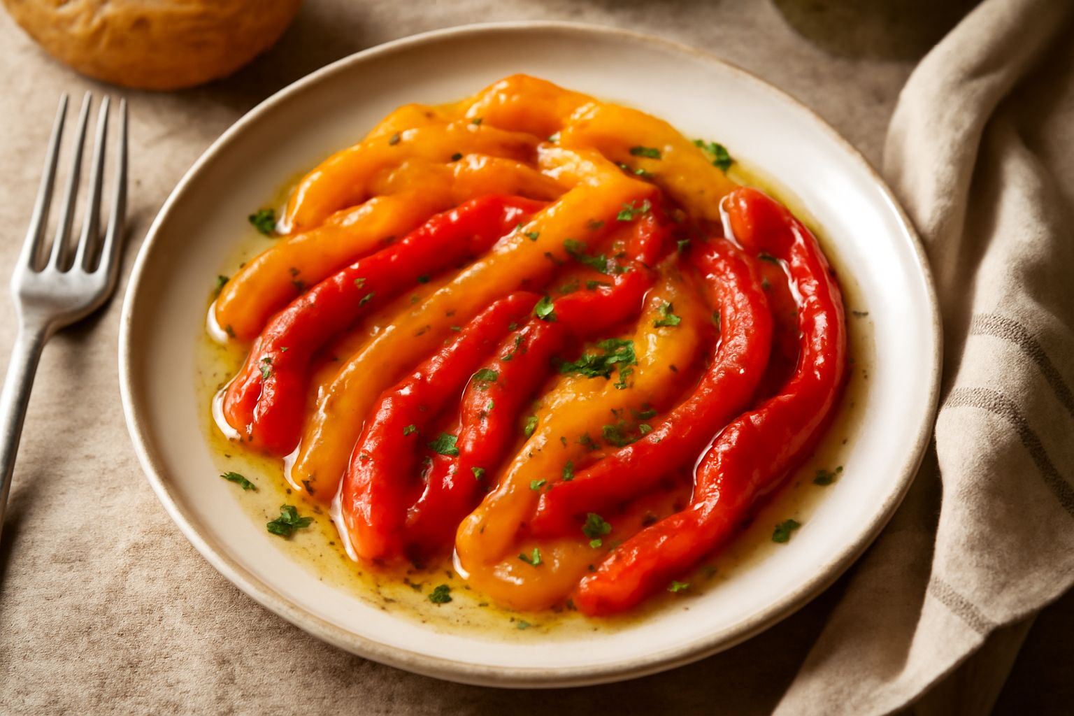 Quattro peperoni rossi e gialli appena tolti dal forno, con la pelle nera e bruciata in alcune zone, adagiati su un piatto bianco insieme a olio d'oliva e aglio fresco