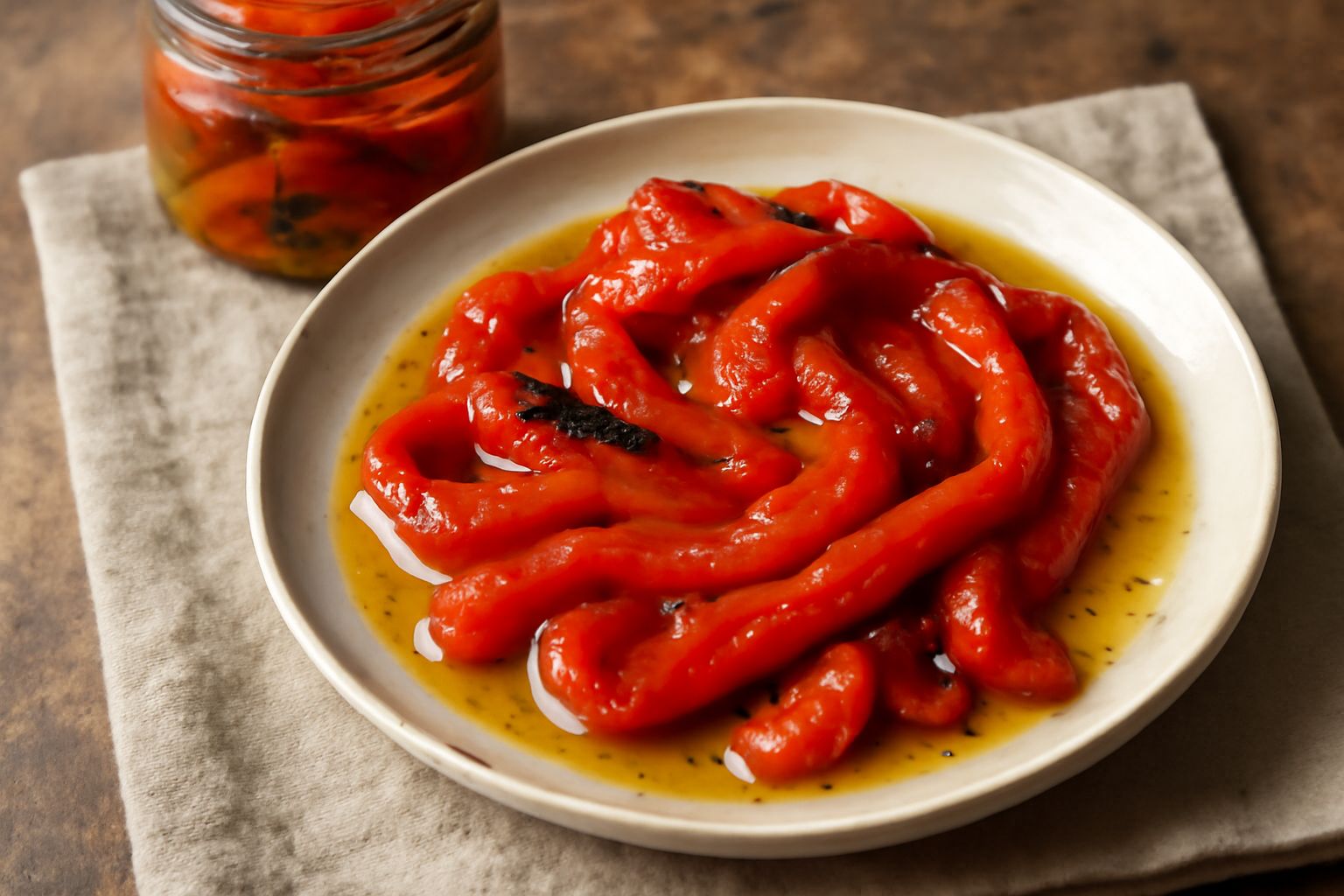 Vasetto di vetro con peperoni rossi e gialli tagliati in striscie coperte di olio, con spicchi di aglio bianco e fettine sottili di peperoncino rosso, su uno sfondo di lino beige
