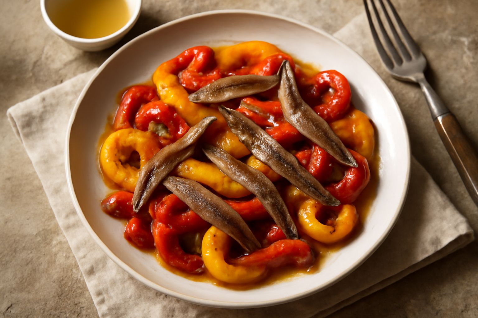 Peperoni rossi e gialli tagliati a strisce conditi con filetti di acciughe, olio d'oliva e aglio, in un piatto bianco