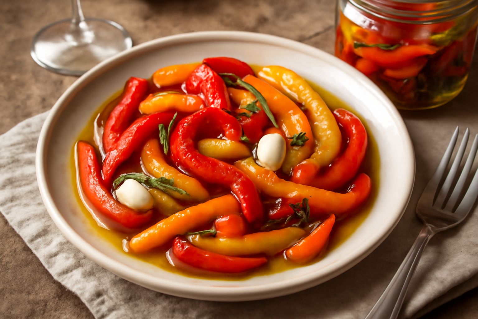 Barattolo di vetro con peperoni rossi, gialli e arancioni a pezzi immersi in olio trasparente, erbe aromatiche visibili tra le strisce di peperone, etichetta artigianale, sfondo di cucina in legno chi