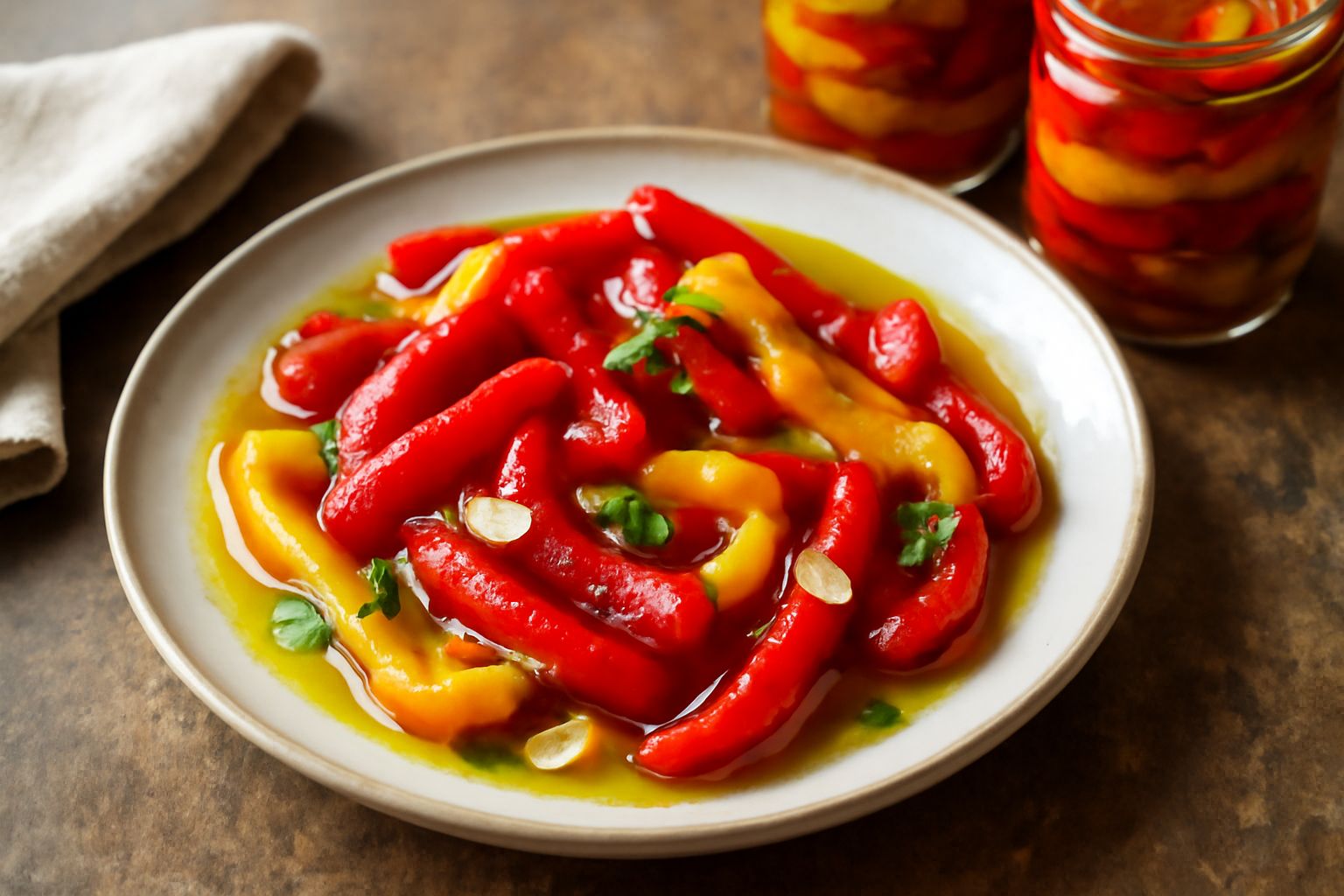 Vasetto di vetro trasparente contenente peperoni rossi e gialli arrostiti a fette, completamente immersi in olio trasparente, con spicchi d'aglio e foglioline di prezzemolo visibili tra i peperoni