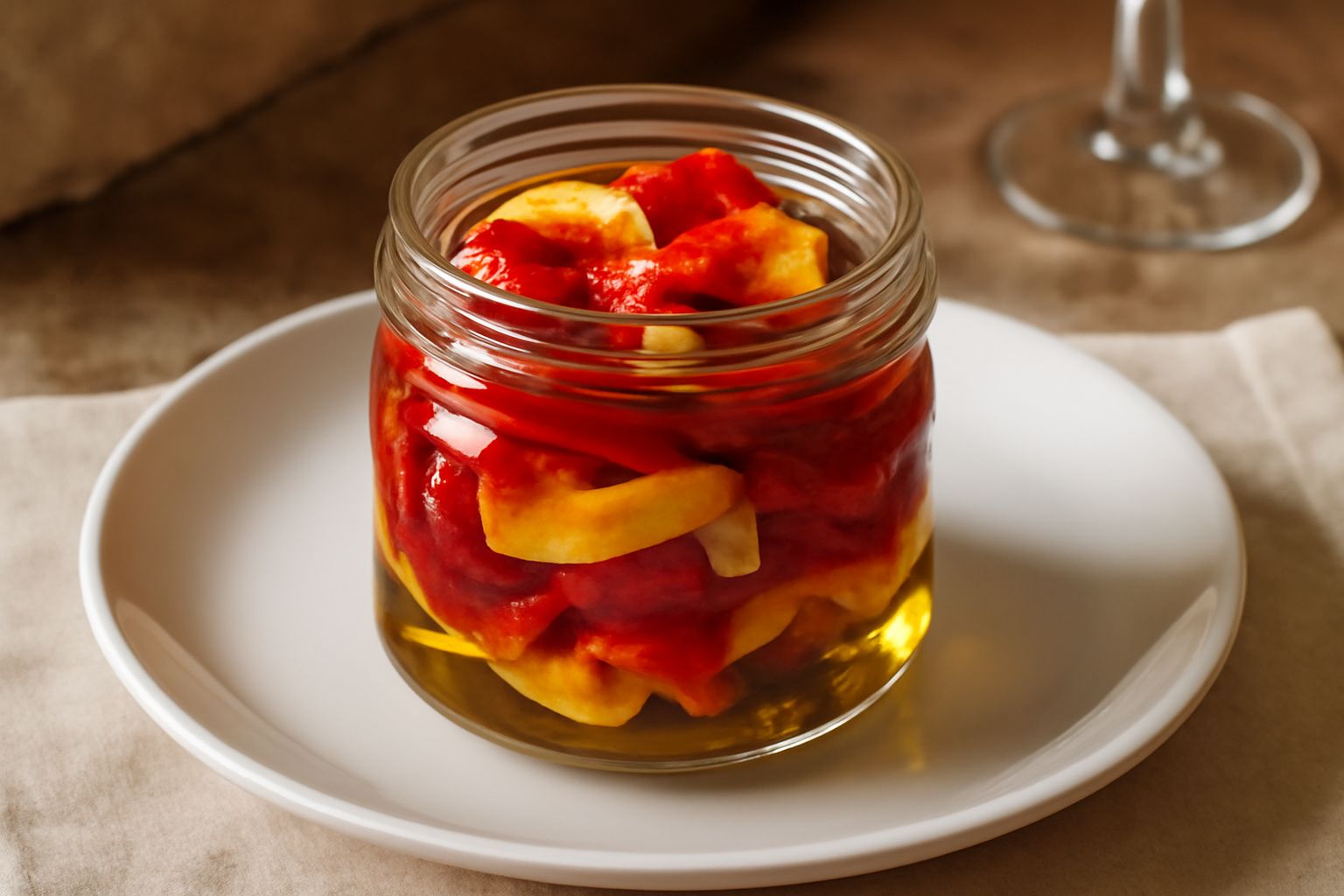 Barattolo di vetro trasparente con peperoni rossi secchi reidratati immersi in olio dorato, con aglio affettato e peperoncino visibili tra i peperoni, fondo bianco