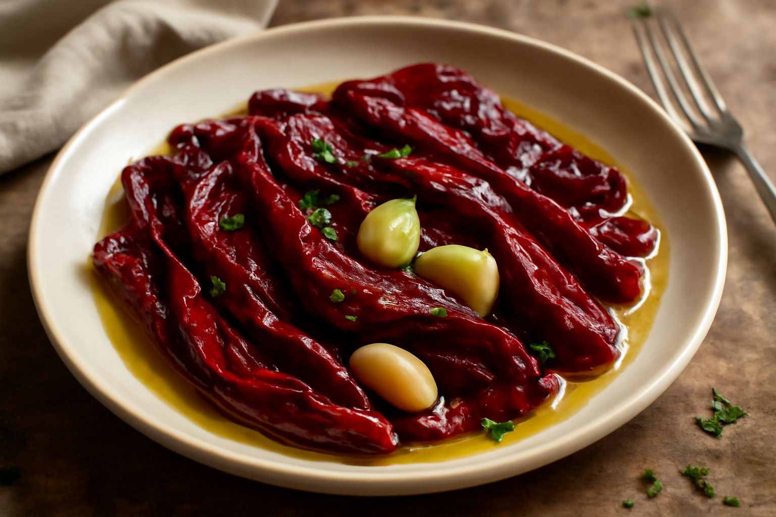 Peperoni rossi e gialli ammollati in olio d'oliva con spicchi di aglio e prezzemolo fresco su un piatto bianco, dalla consistenza morbida e lucida