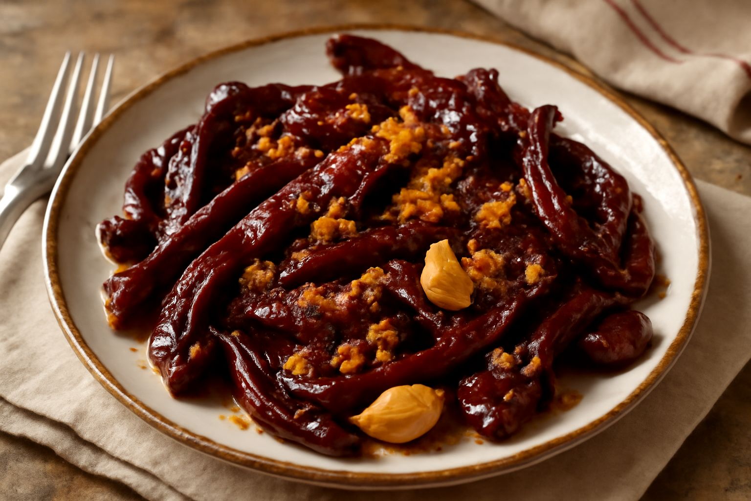 Peperoni cruschi ammollicati rosso scuro riposti in un piatto bianco, conditi con olio d'oliva e aglio, con pezzi di peperone morbidi e lucidi, accompagnati da prezzemolo fresco
