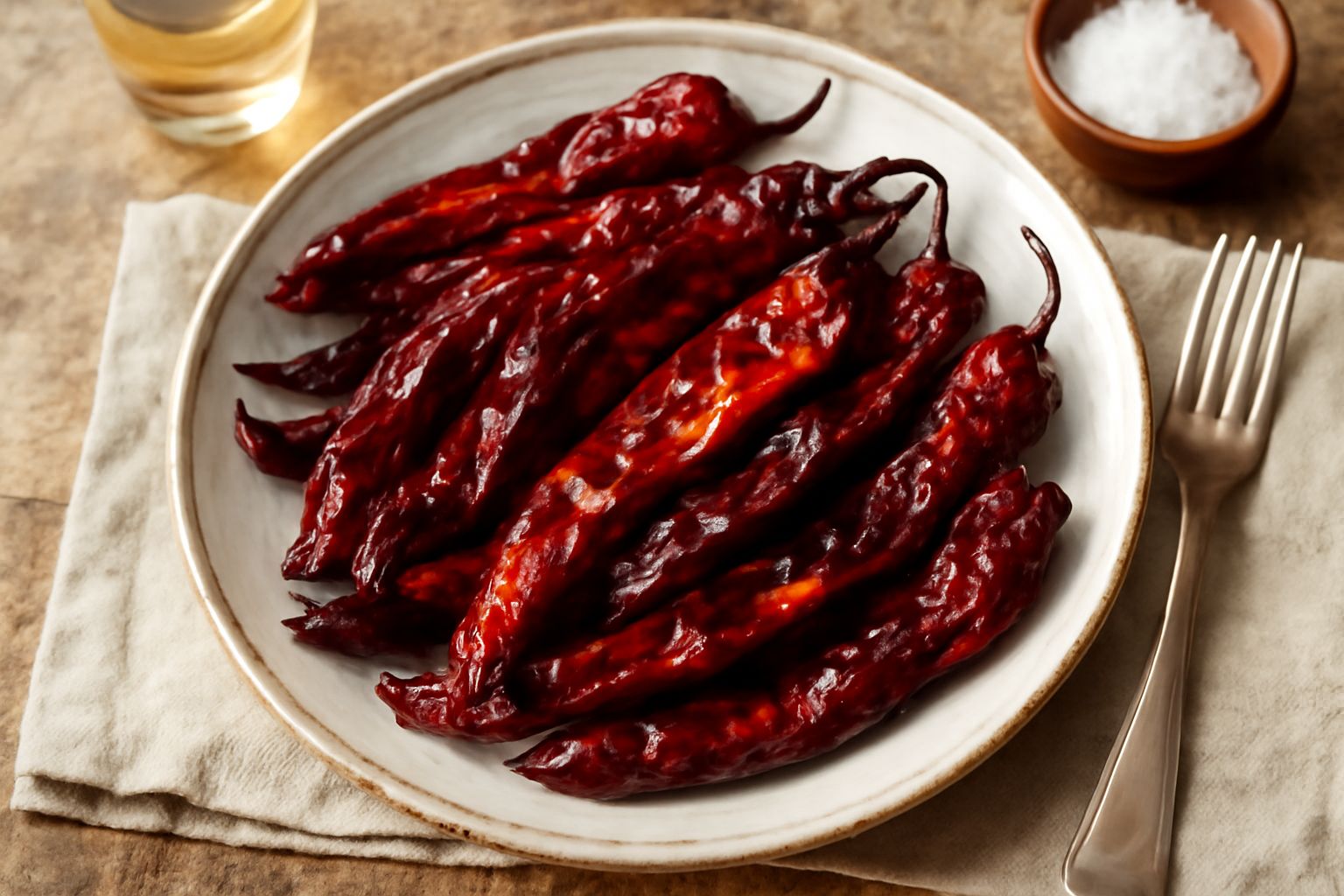 Peperoni rossi e gialli secchi in una padella di ferro, leggermente anneriti sui bordi, con gocce di olio lucido e aglio affettato visibile tra i pezzi