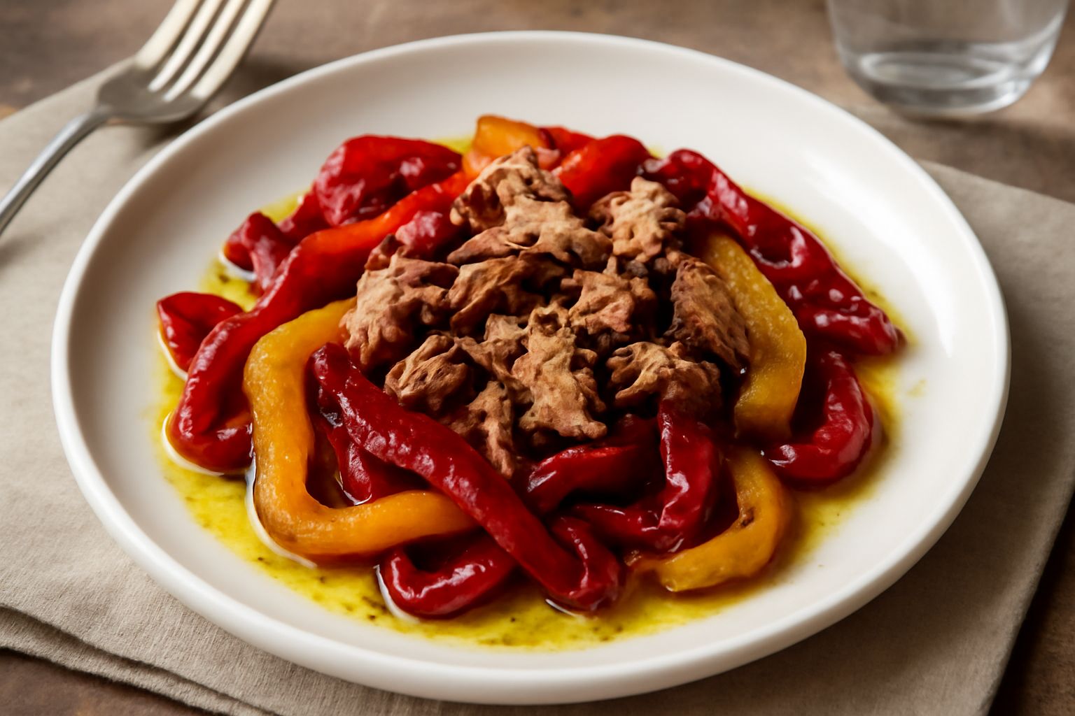 Piatto bianco con peperoni rossi e gialli reidratati tagliati a strisce, tonno sbriciolato in superficie, olive nere sparse, prezzemolo fresco e filo d'olio d'oliva luminoso