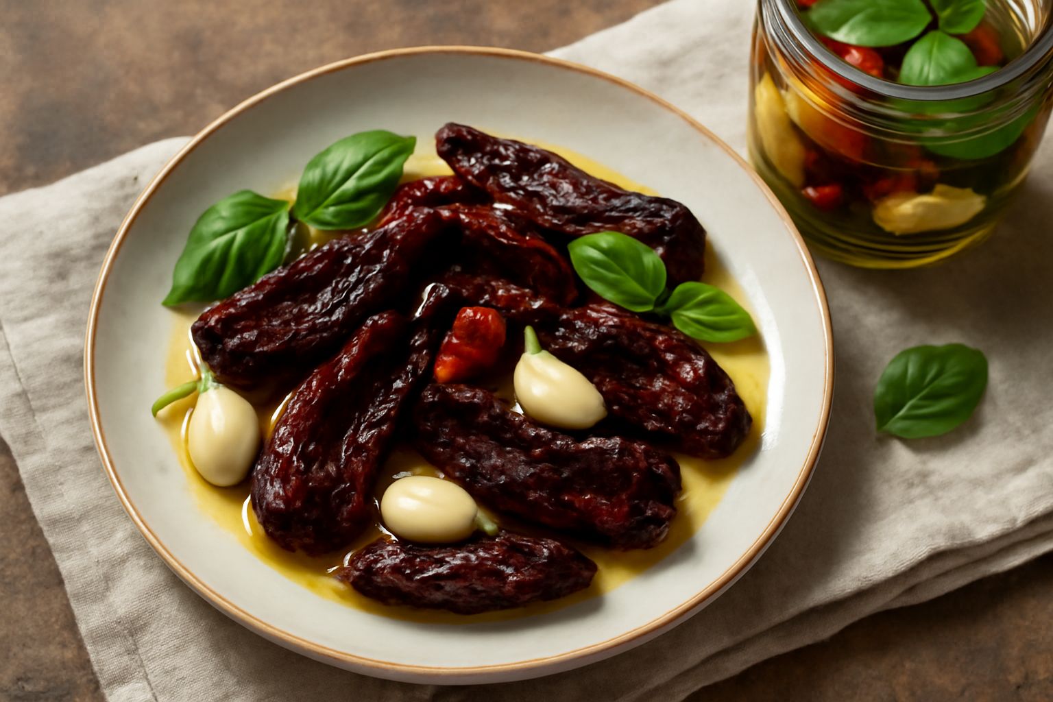Peperoni cruschi rossi e lucidi conservati sott'olio in un barattolo di vetro, con aglio, peperoncino e erbe aromatiche visibili, illuminati dalla luce naturale