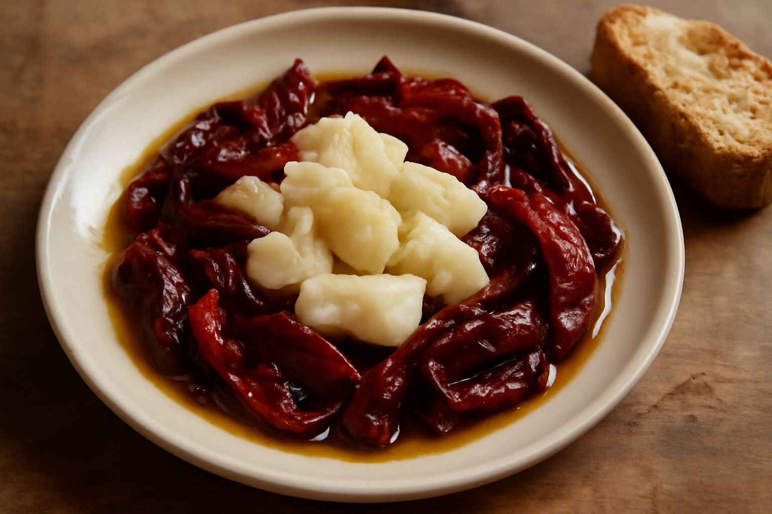 Piatto bianco con baccalà sfaldato dorato, peperoni rossi secchi rinvenuti e morbidi, olio lucido in superficie, servito con una fetta di pane tostato ai bordi