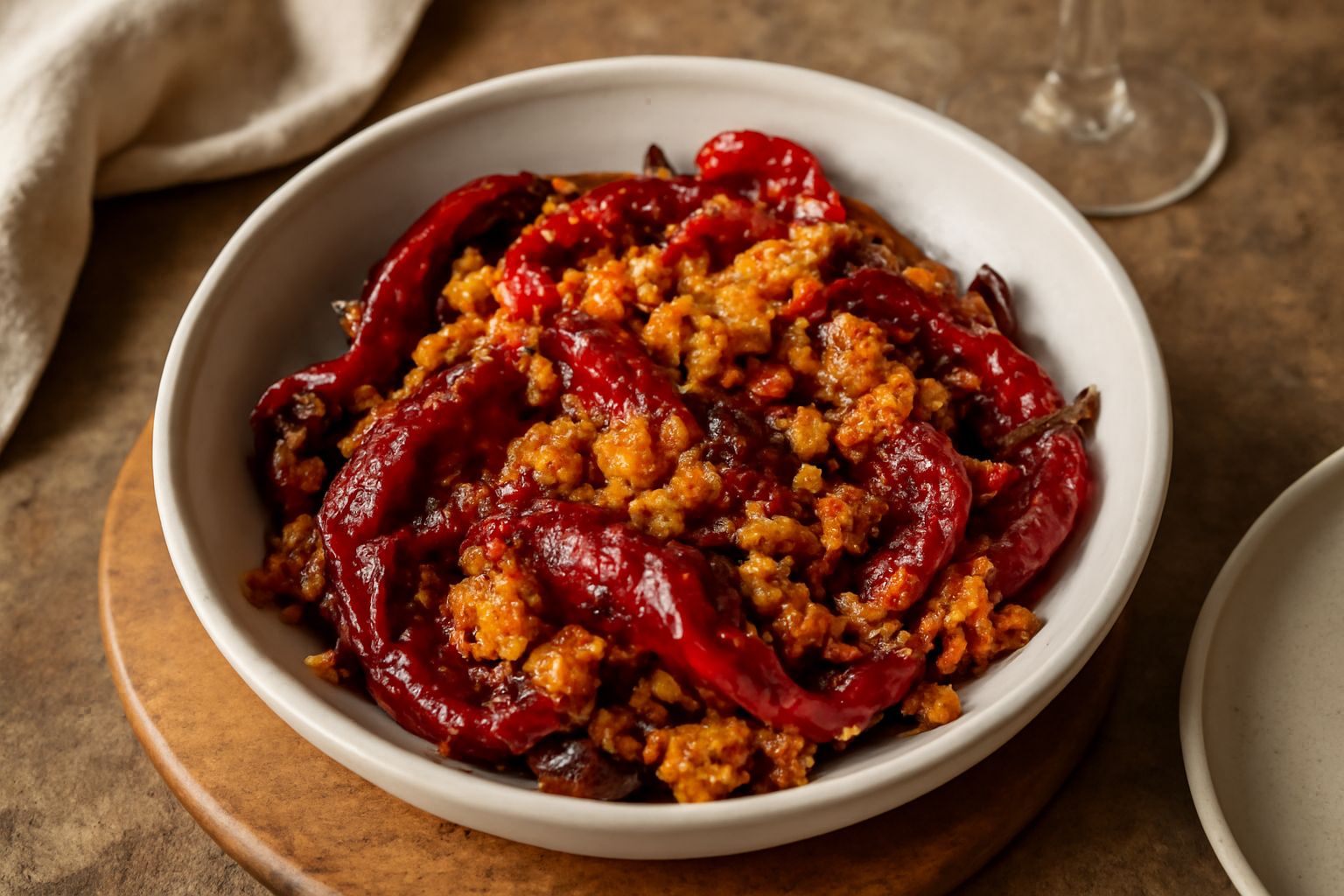 Peperoni cruschi rossi e neri in una ciotola bianca con mollica di pane grattugiato dorata, olio d'oliva lucido, aglio sbucciato e pepe nero macinato fresco su un fondo di legno rustico