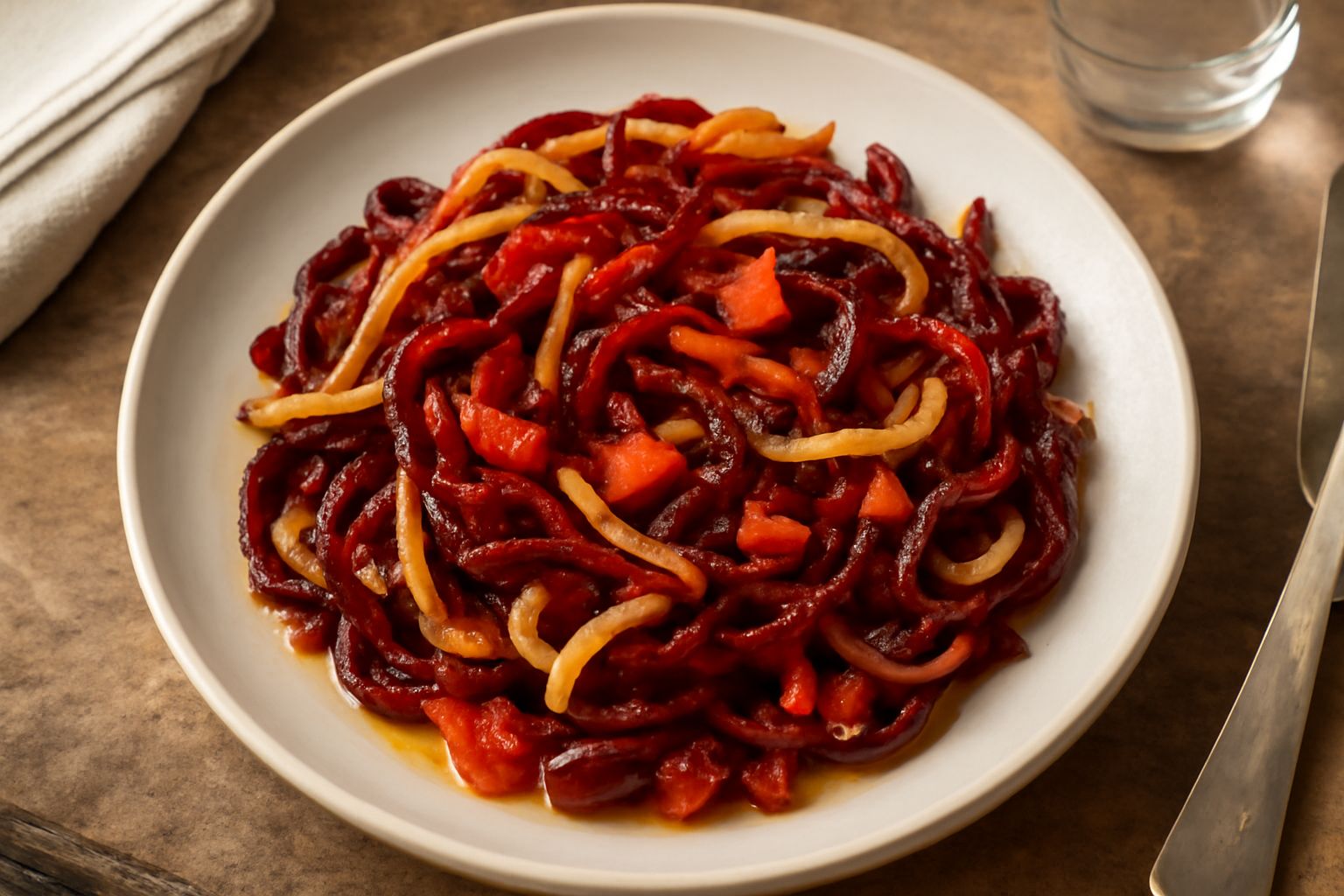 Piatto di peperoni rossi e gialli cruschi tagliati a strisce sottili, pomodori maturi rossi, olio d'oliva dorato, disposti su un piatto bianco con prezzemolo fresco verde