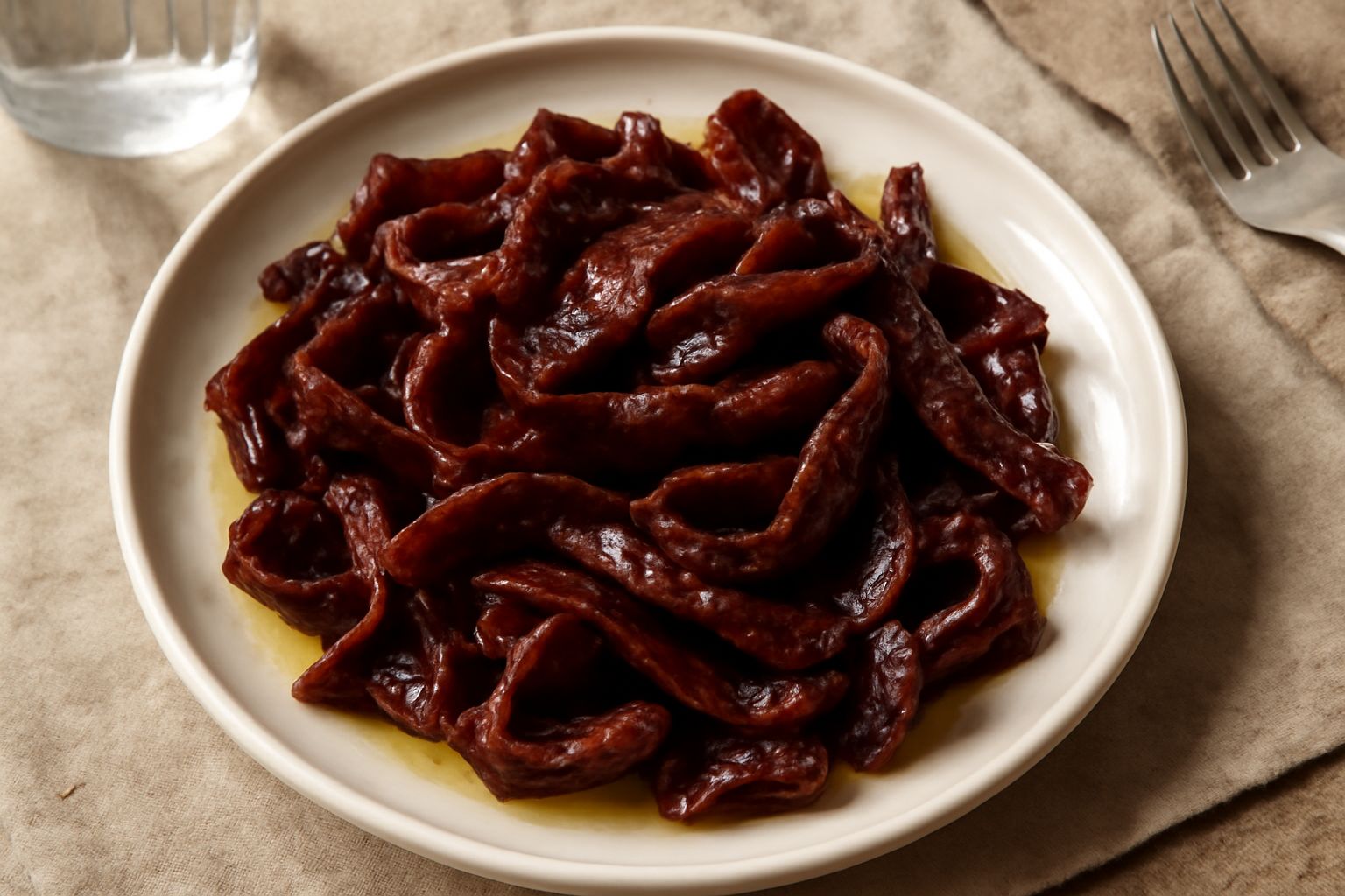 Peperoni cruschi fritti dorati e croccanti in un piatto bianco, con olio lucido sulla superficie e uno spolvero di sale, accanto spicchi di aglio dorato