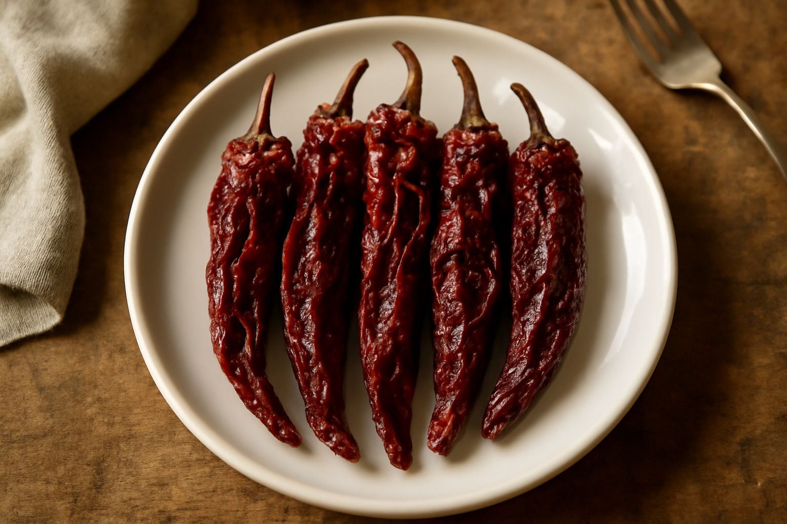 Peperoni cruschi friulani di colore rosso scuro, raggrinziti e lucidi, disposti su un piatto di ceramica bianca accanto a un bicchiere d'acqua e una ciotola di sale grosso