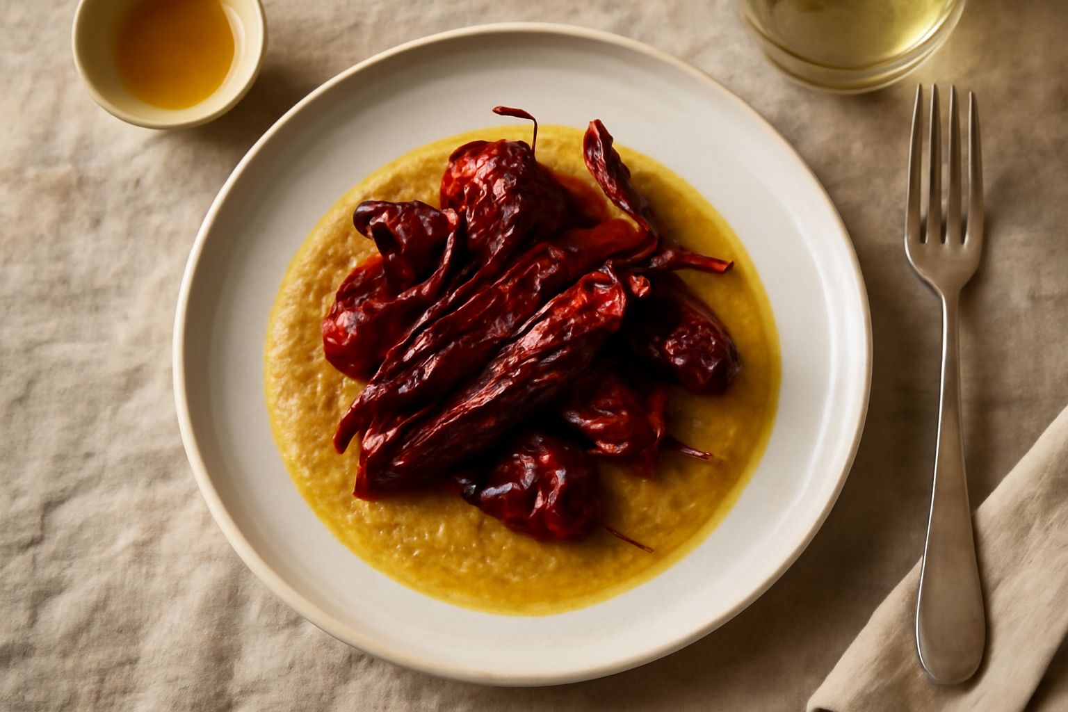 Bagna cauda fumante in una fonduta di terracotta, con bastoncini di verdure crude immerse nella salsa dorata e peperoni cruschi rossi visibili sulla superficie