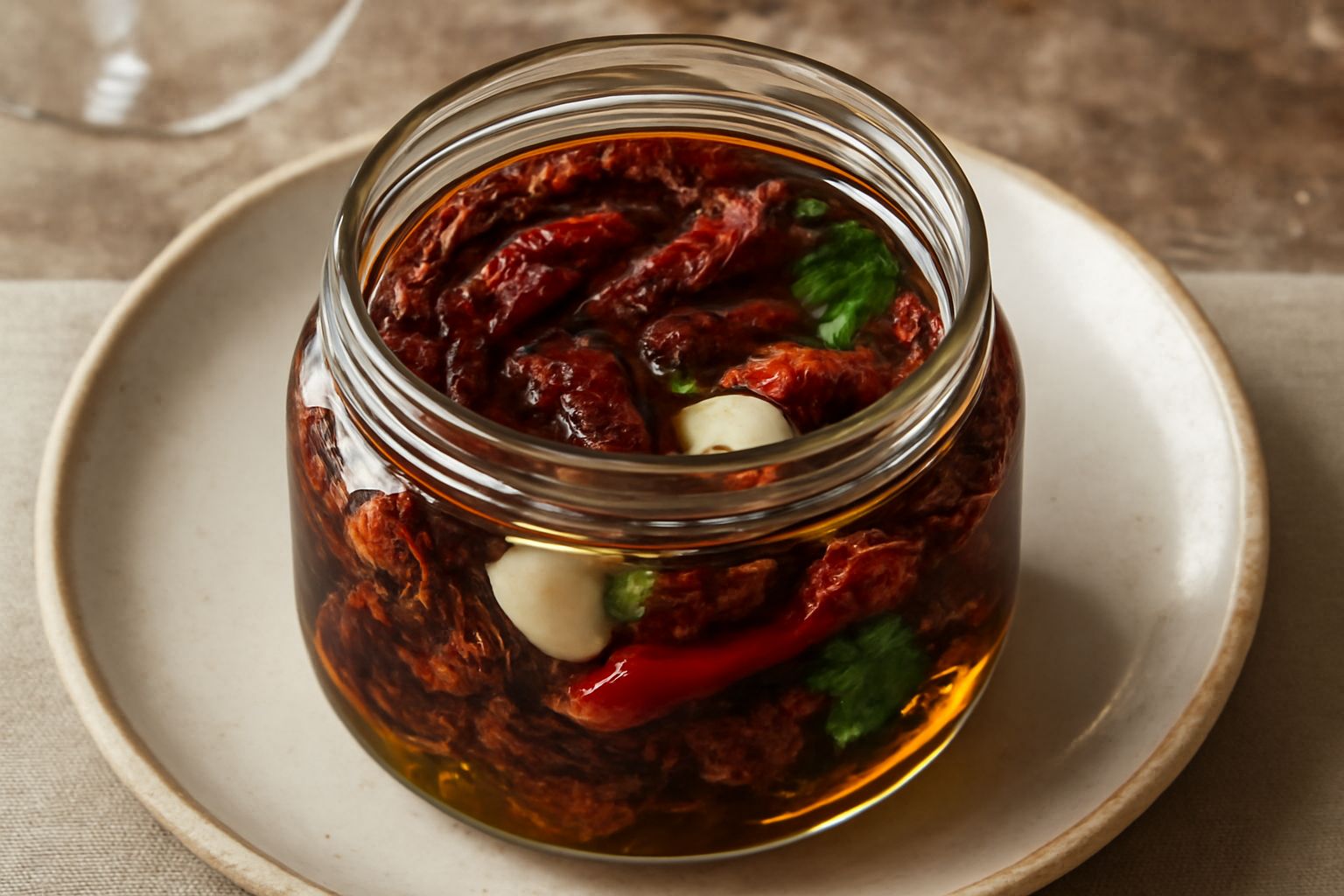 Vasetto di vetro con peperoni rossi scuri essiccati immersi in olio dorato, con spicchi d'aglio e peperoncini, sfondo in legno naturale