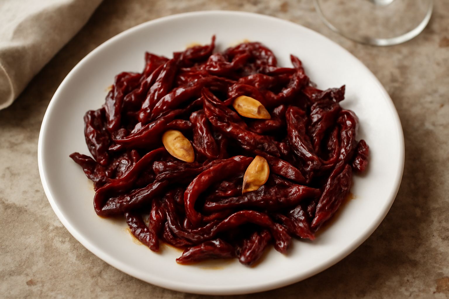 Peperoni cruschi rossi e marroni rossicci tagliati a striscia in una padella in ferro, lucidi d'olio, con aglio dorato e prezzemolo fresco tritato, vapore leggero visibile