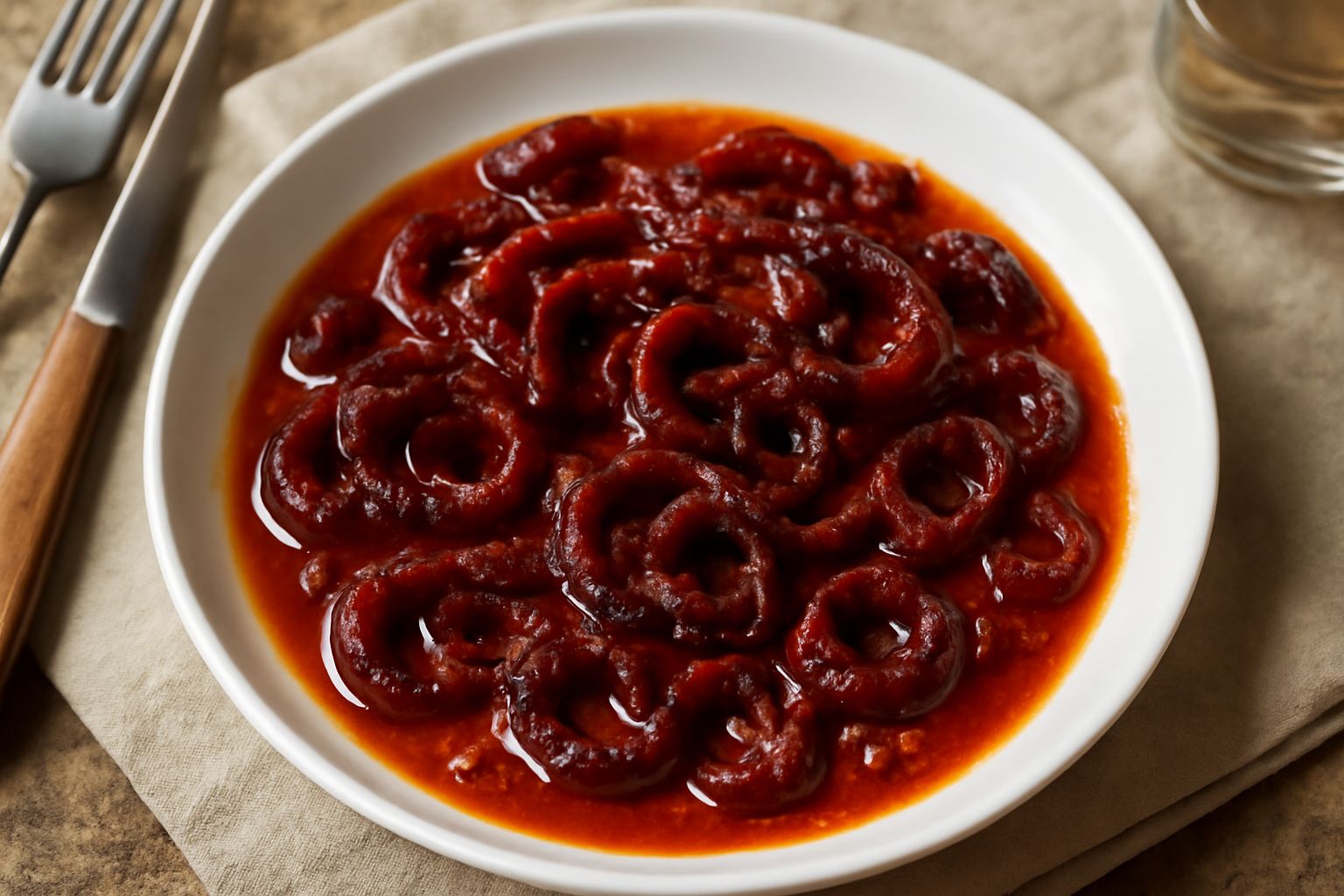 Piatto di peperoni cruschi in umido di colore rosso scuro, teneri e lucidi di olio, con pomodori e aglio in umido, serviti in ciotola bianca su tavolo in legno