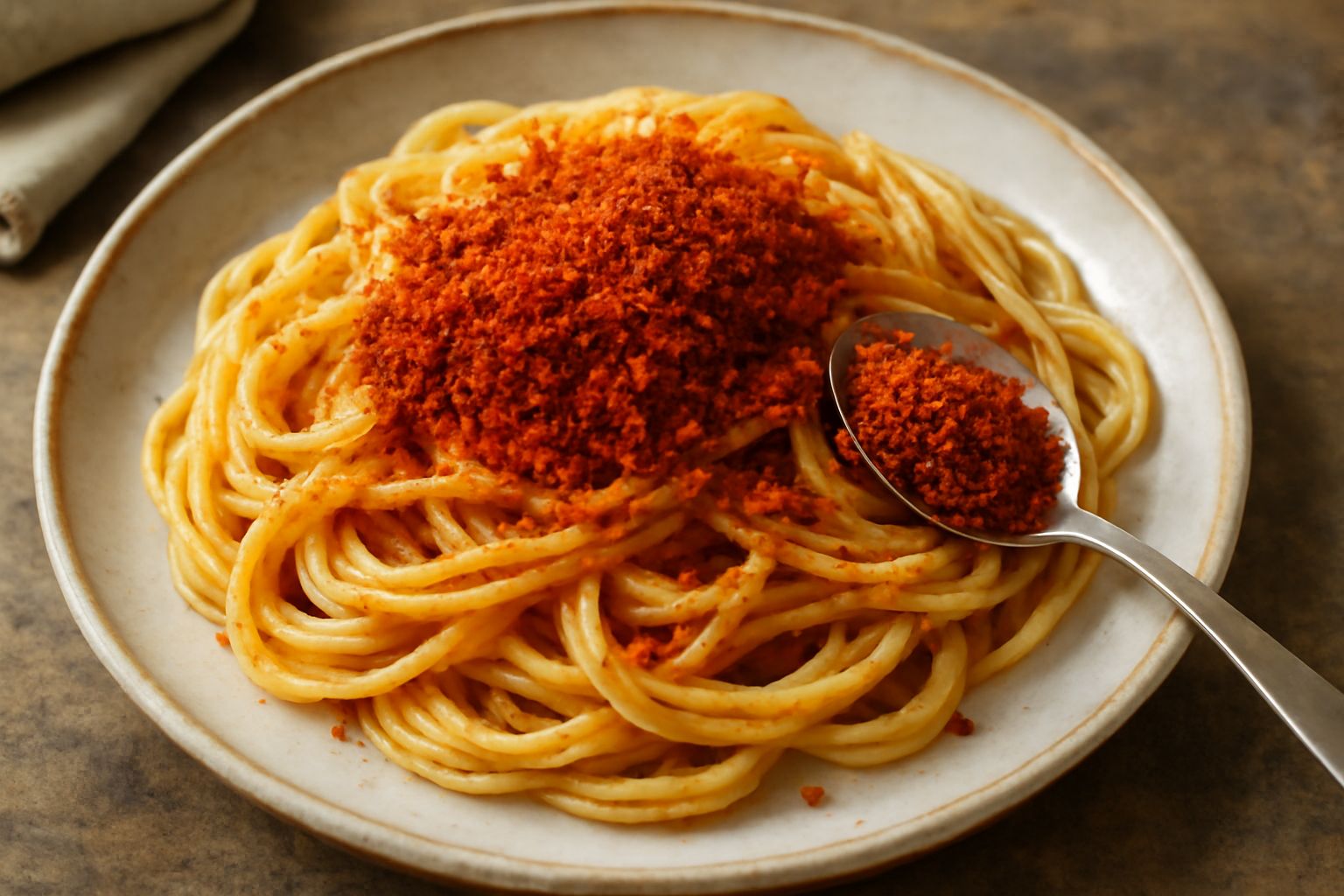 Polvere di peperoni cruschi macinati di colore rosso-arancio brillante in una ciotola di ceramica bianca, con tre peperoni rossi secchi interi accanto su fondo di legno chiaro
