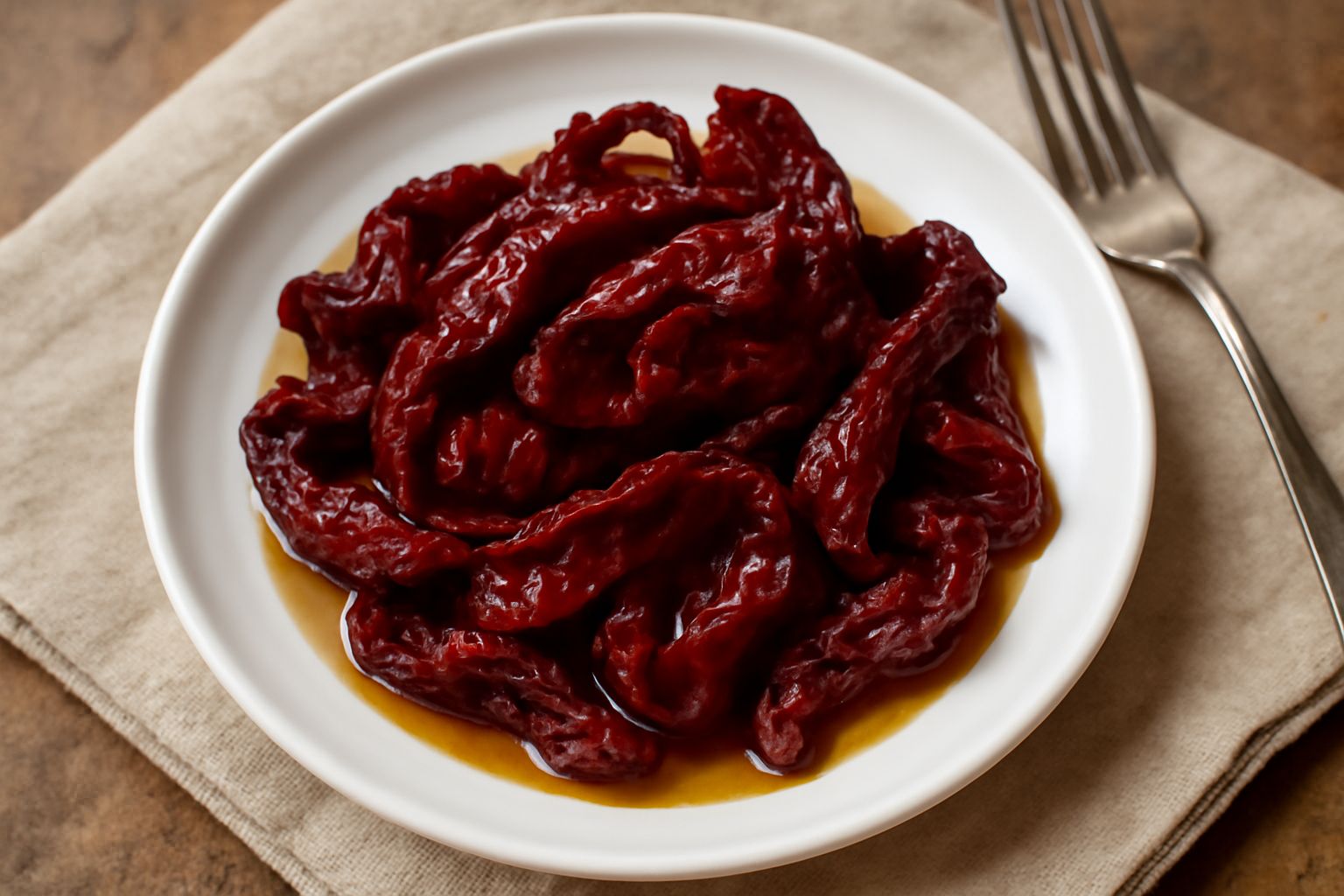 Peperoni cruschi rosso scuro, leggermente raggrinziti, disposti in un piatto bianco con fili di aglio dorato e gocce di olio d'oliva, contorno di prezzemolo fresco verde